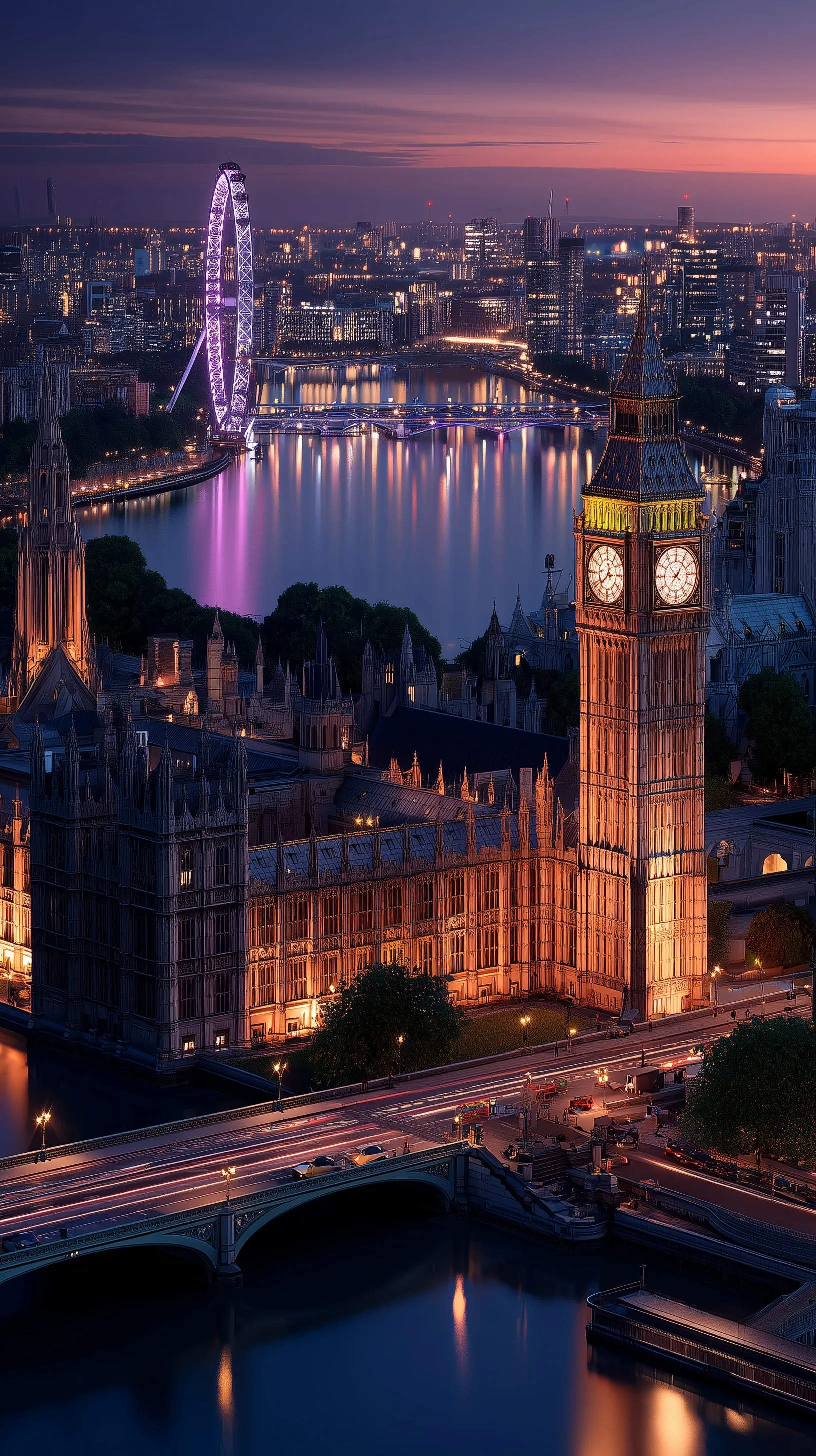 Big Ben and London Eye glowing at night with river reflections and city traffic trails, 8K aesthetic mobile wallpaper.
