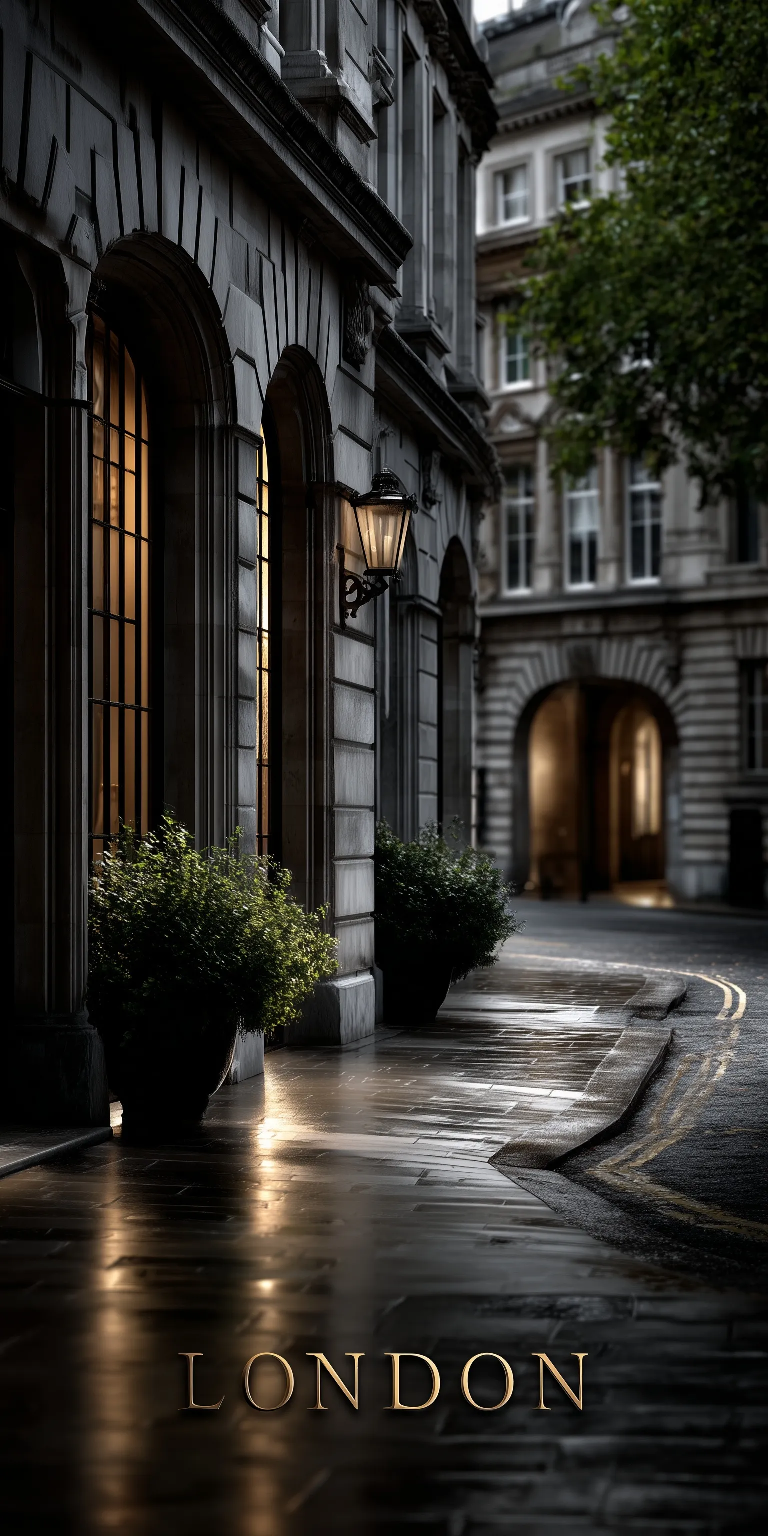 Aesthetic London street scene with historic architecture, stone arches, and elegant warm-toned daylight for mobile.