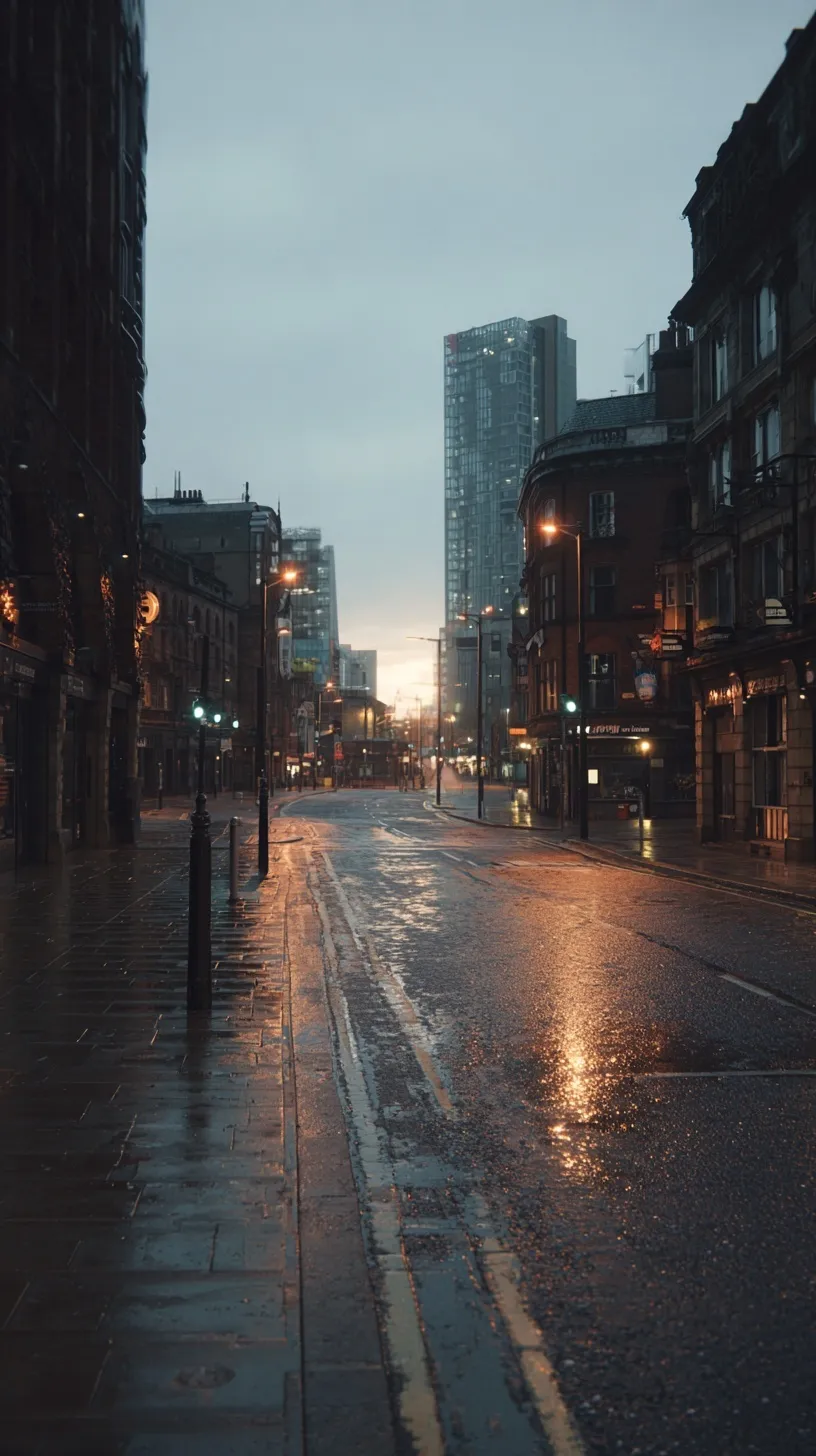 Empty, wet London street at sunrise with cinematic, calm atmosphere for mobile wallpaper.