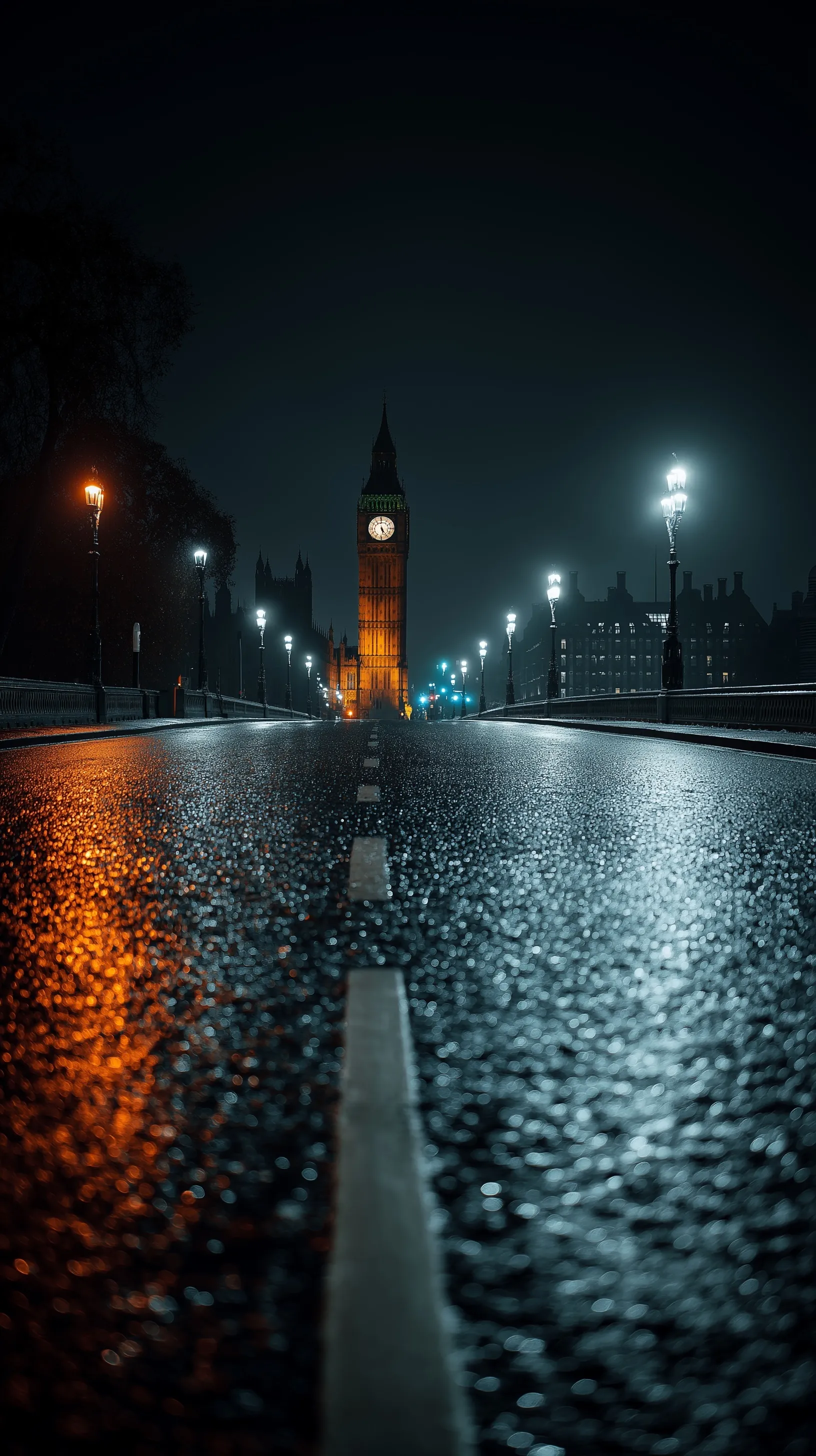 Cinematic London street at night with wet pavement reflections and Big Ben silhouette, vertical mobile wallpaper.