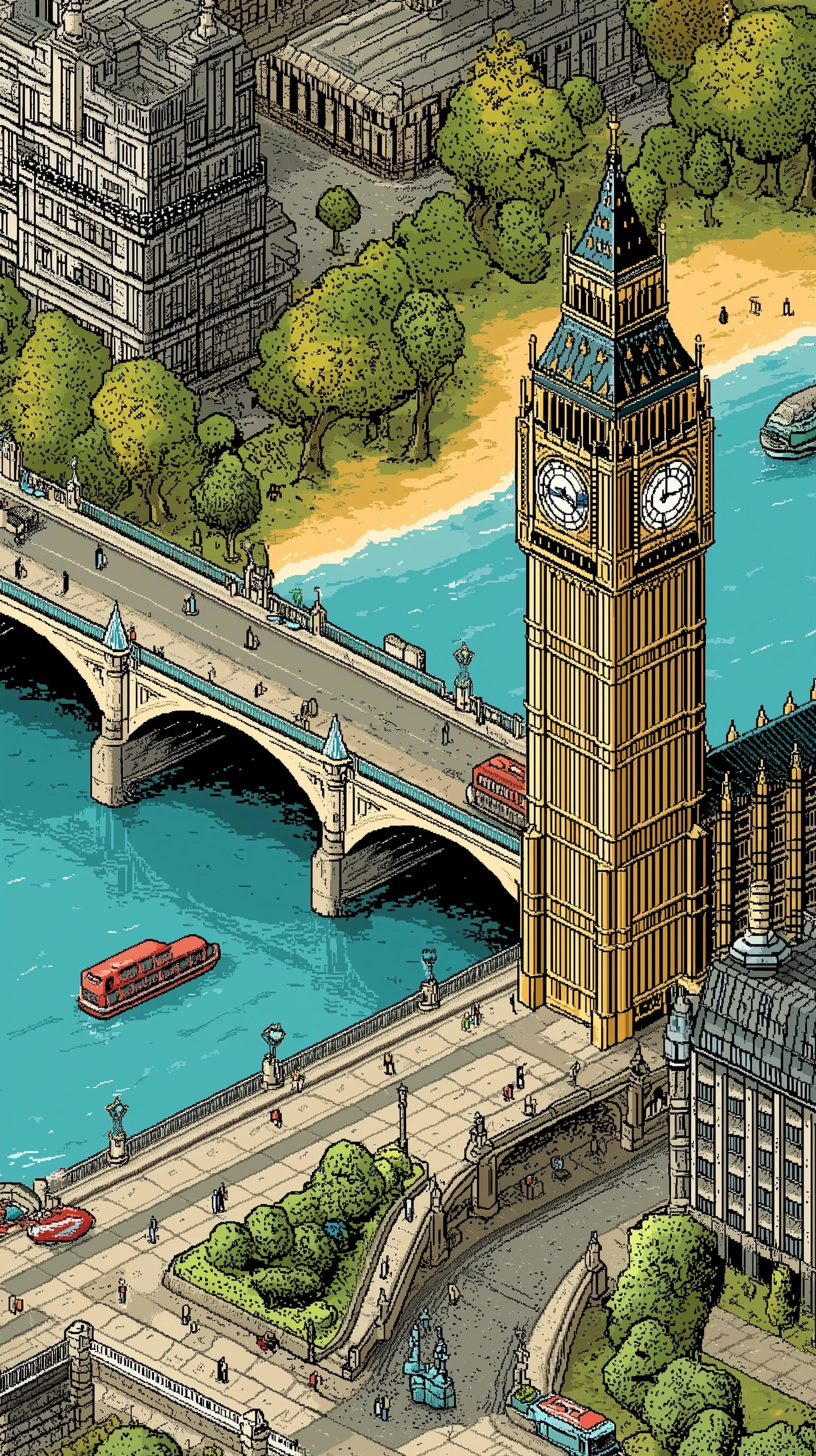 16-bit vector birds-eye view of London in a simple cartoon style, perfect for a mobile wallpaper.