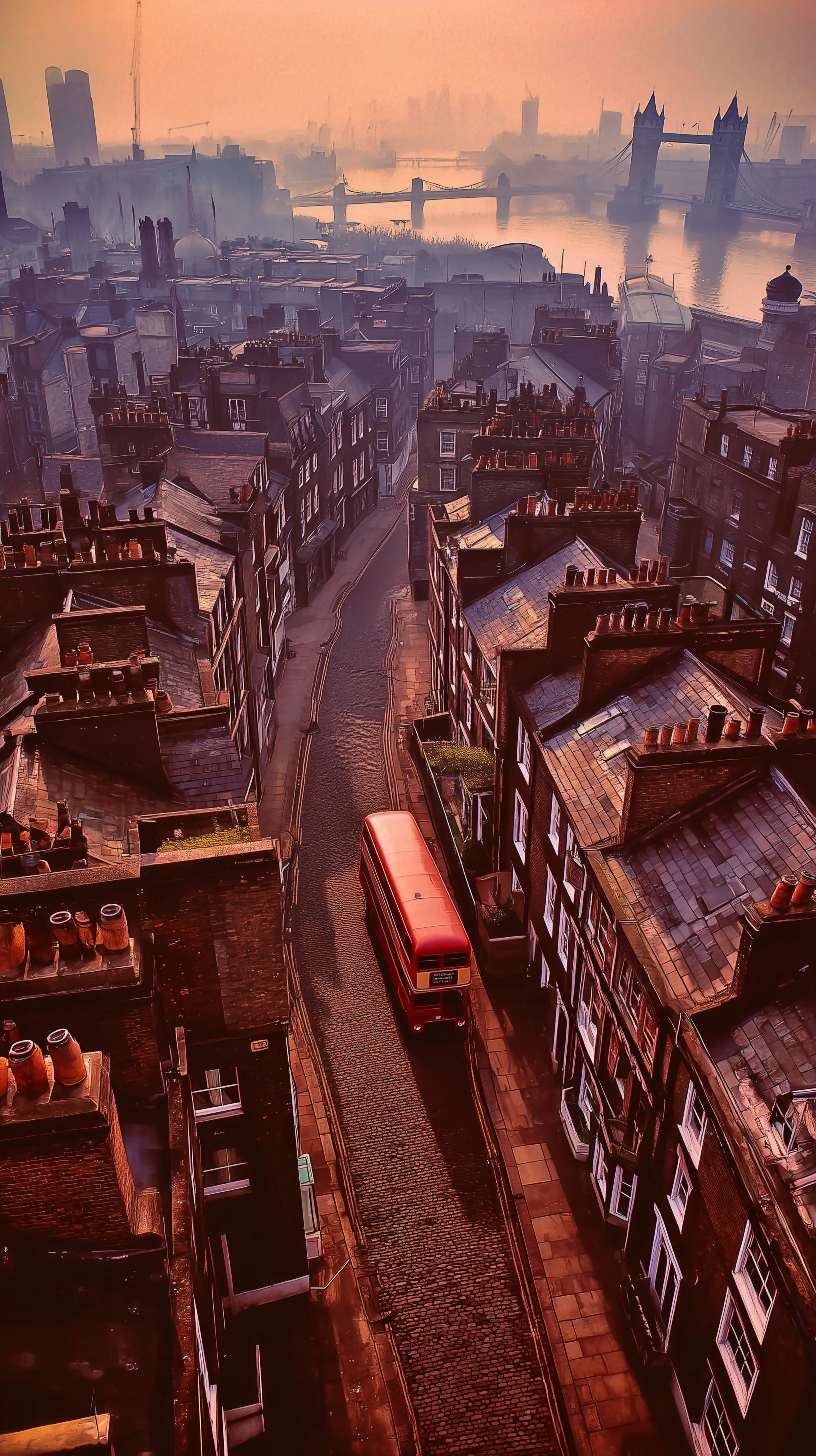 Vintage 1977 London aerial view with terrace houses, a red double-decker bus, and Tower Bridge in a cinematic style.