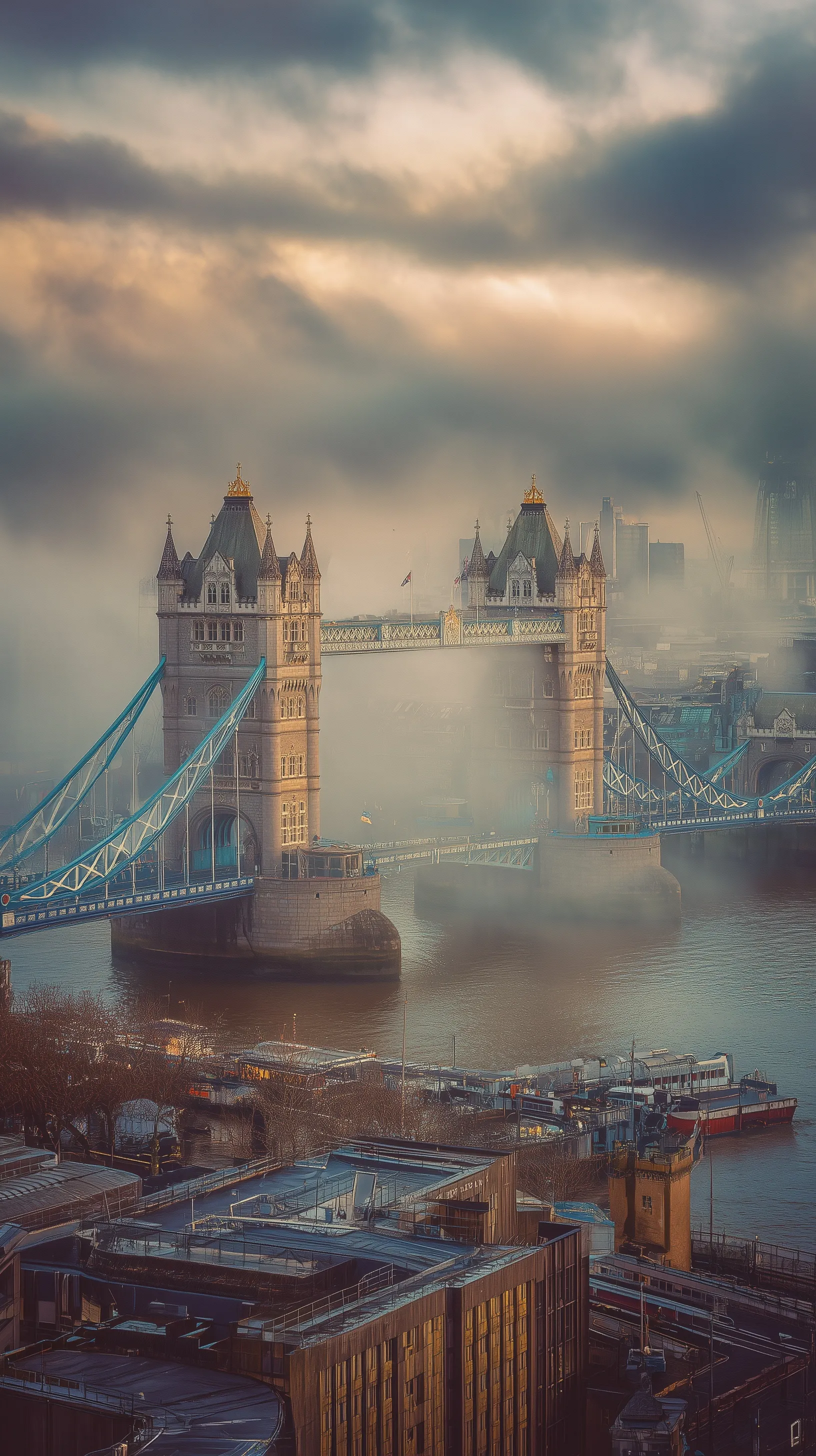 A photorealistic, cinematic overhead view of Tower Bridge in London on a cloudy morning, high-detail mobile wallpaper.