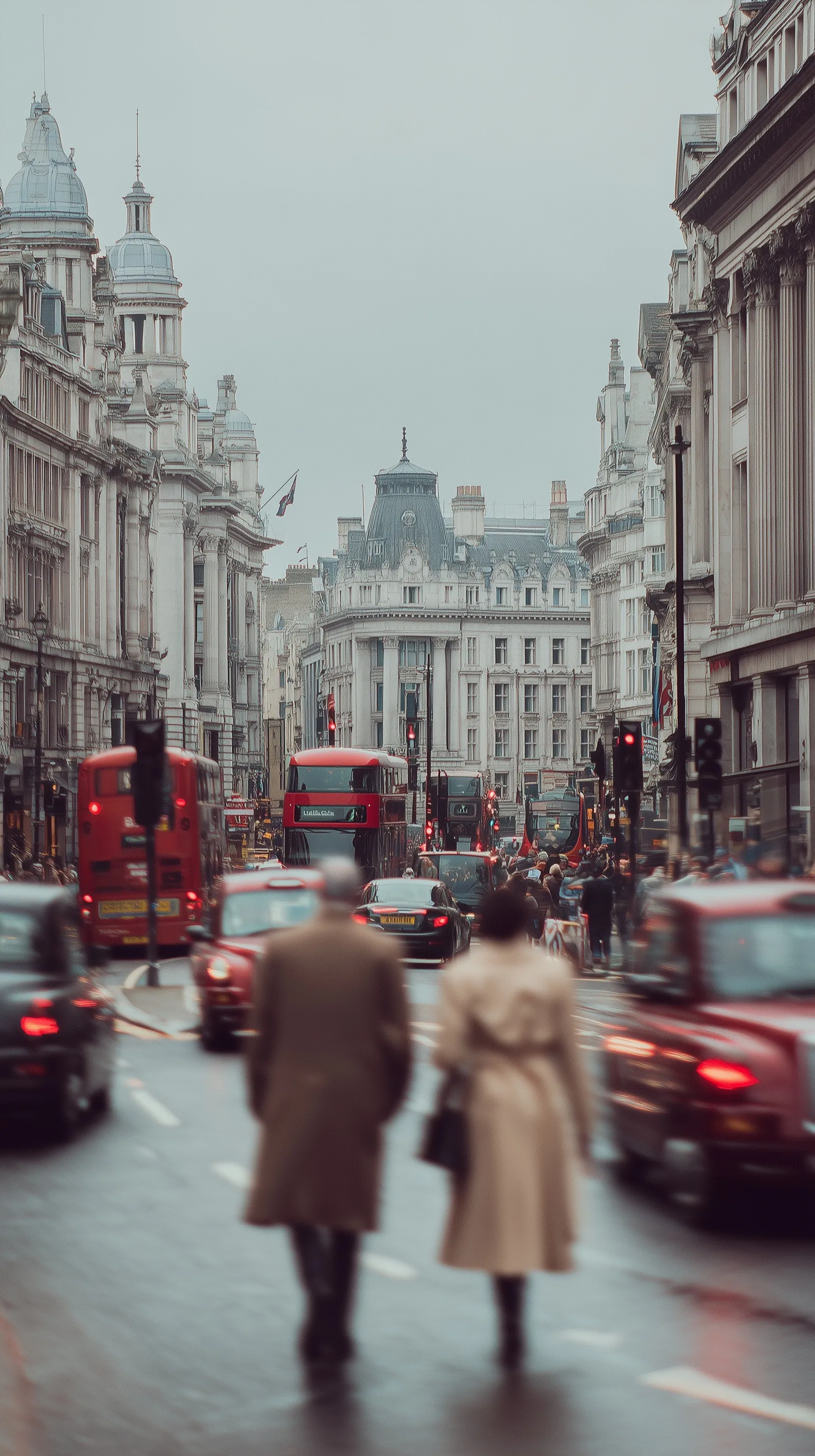 Aesthetic London street scene with iconic red buses, stylish pedestrians, and cinematic motion blur.