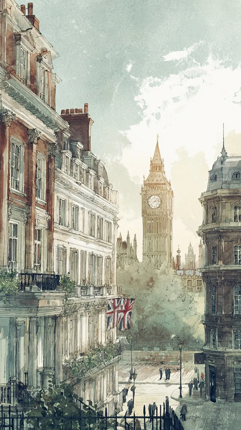 Aesthetic London watercolor illustration background for mobile wallpaper, featuring iconic England city landmarks.