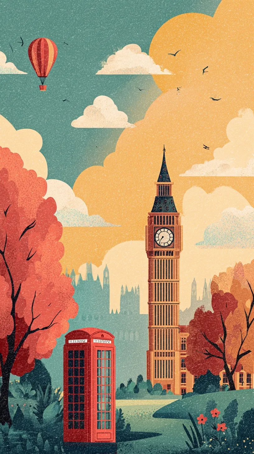 Aesthetic London tourism poster featuring natural colors and minimalist design with copy space for mobile wallpaper.
