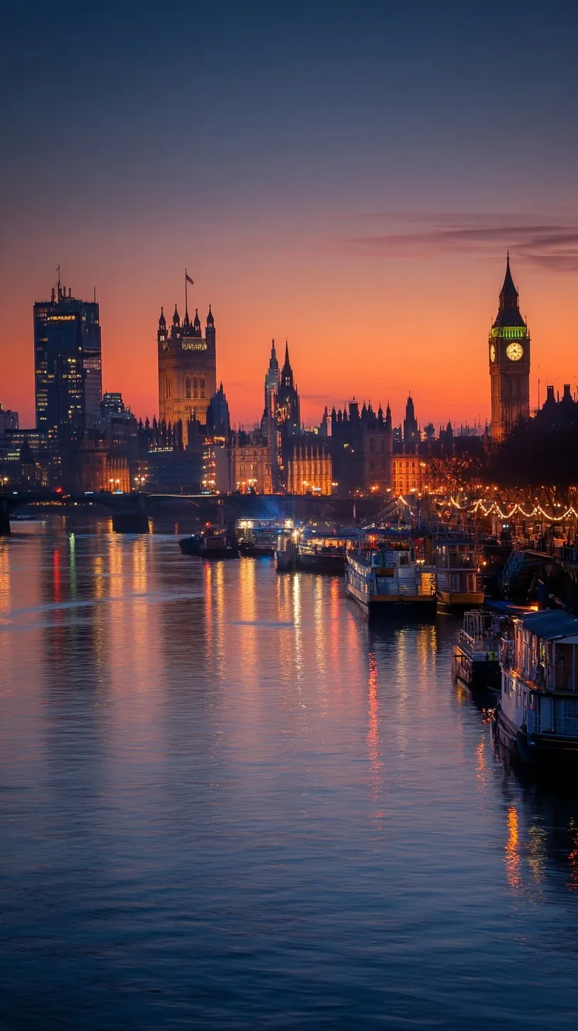 Illuminated London skyline at sunset featuring Tower Bridge and Big Ben reflected in the Thames, 4k mobile wallpaper.