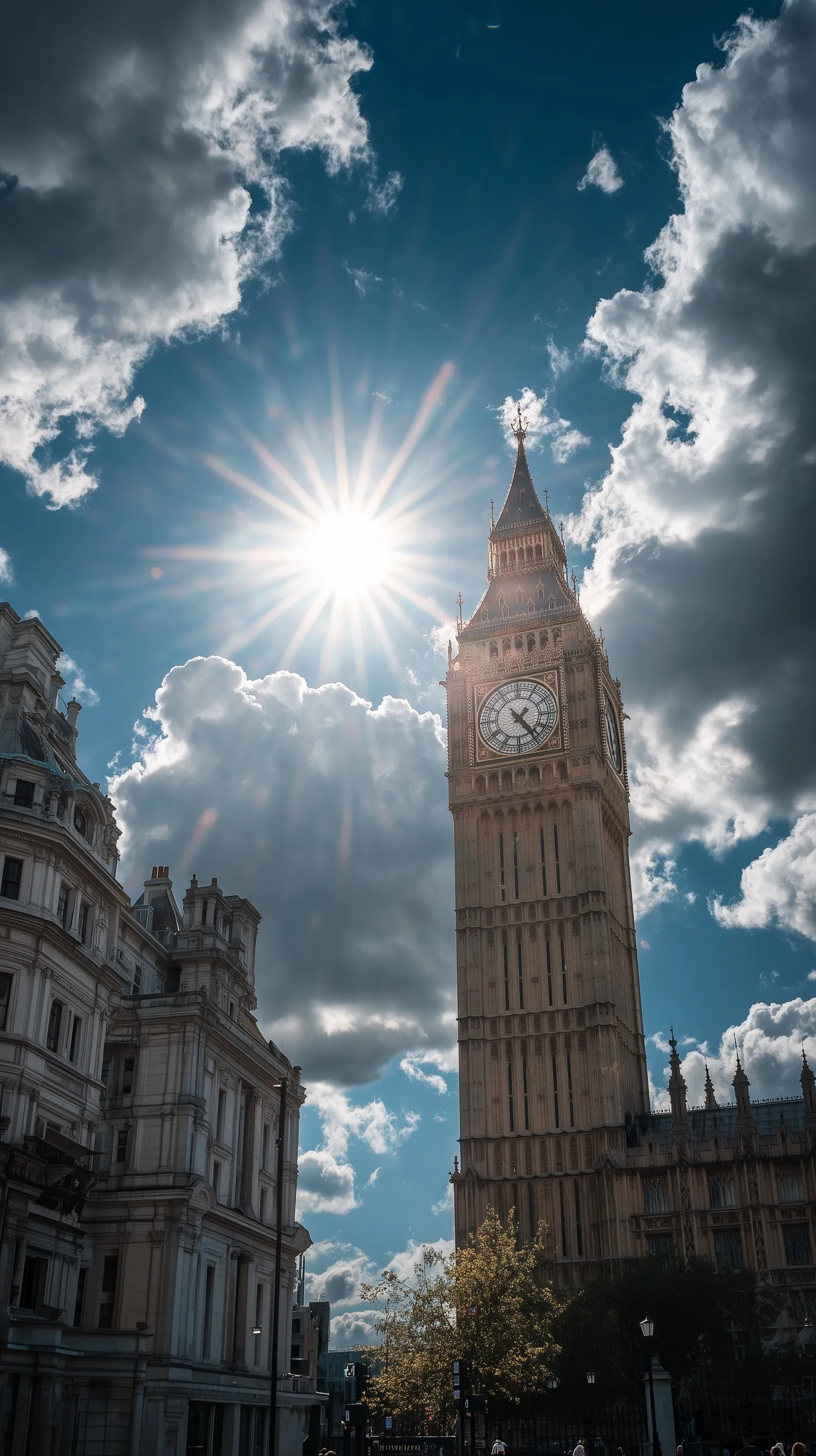 Sunny day view of Big Ben and the Elizabeth Tower in London, perfect for a high-quality mobile phone wallpaper.