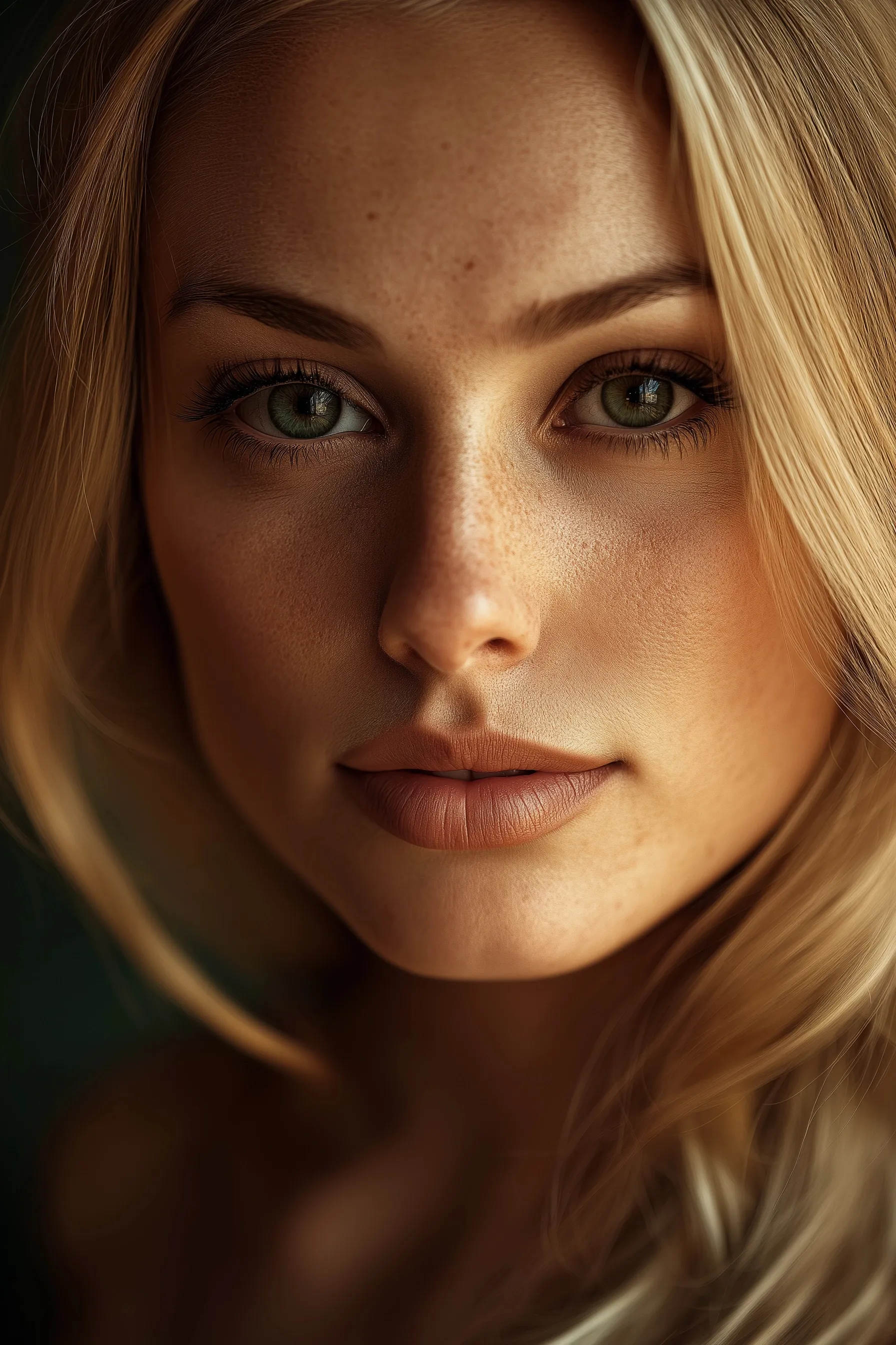 Portrait of a beautiful blonde woman with green eyes, cinematic lighting, and hyper-realistic detail.