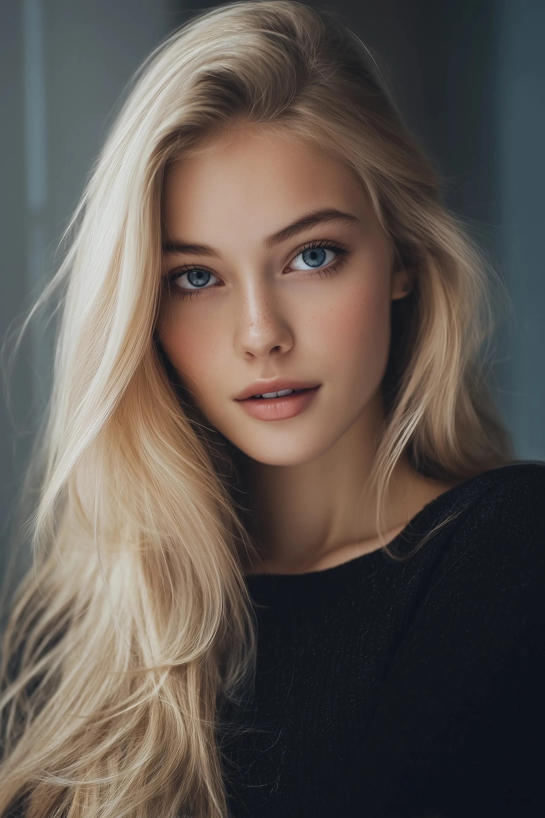 Ultra-realistic portrait of a natural young Asian woman with blonde hair and blue eyes looking at the camera.