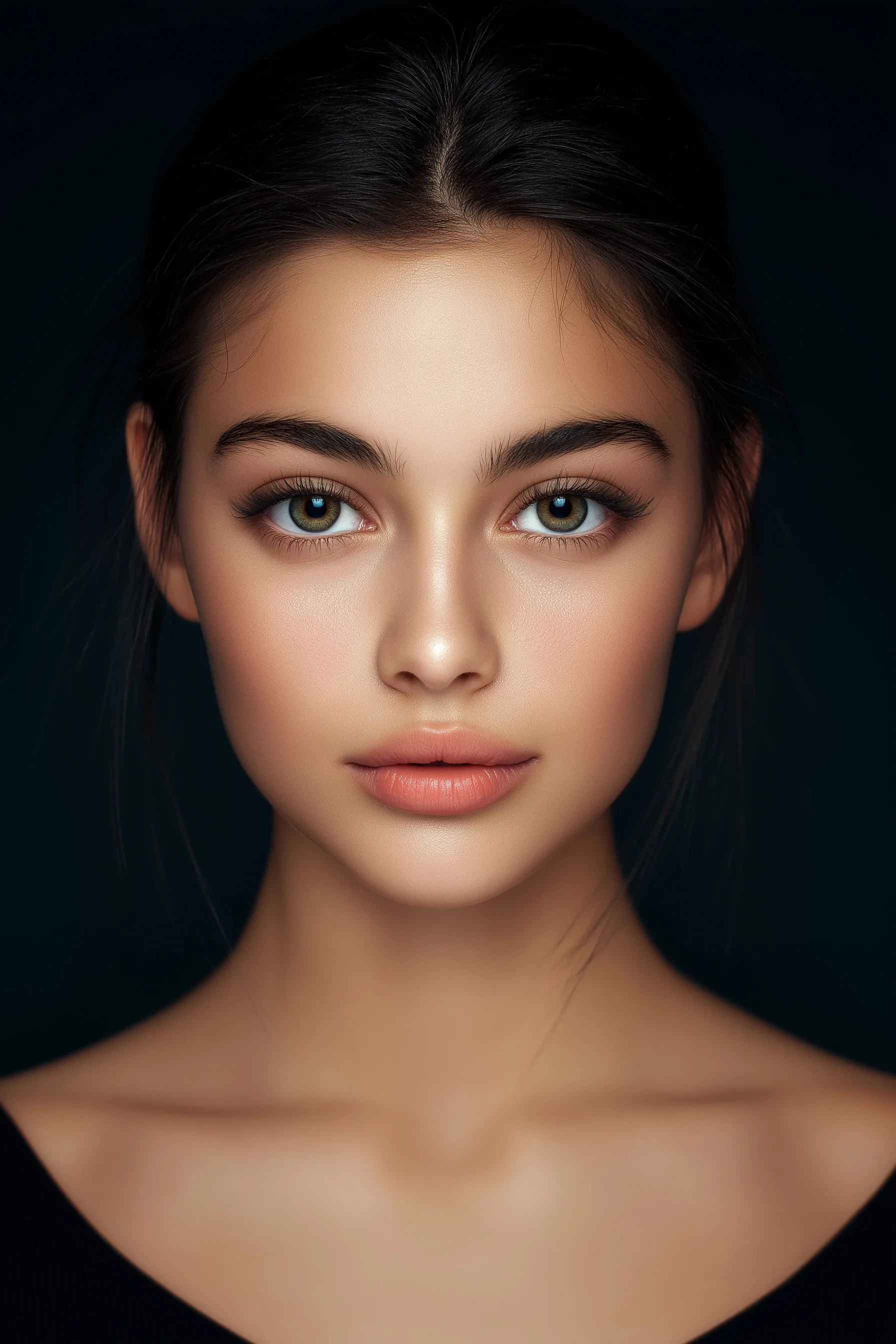 A photorealistic headshot of a beautiful young woman with glowing skin and voluminous hair in soft studio lighting.