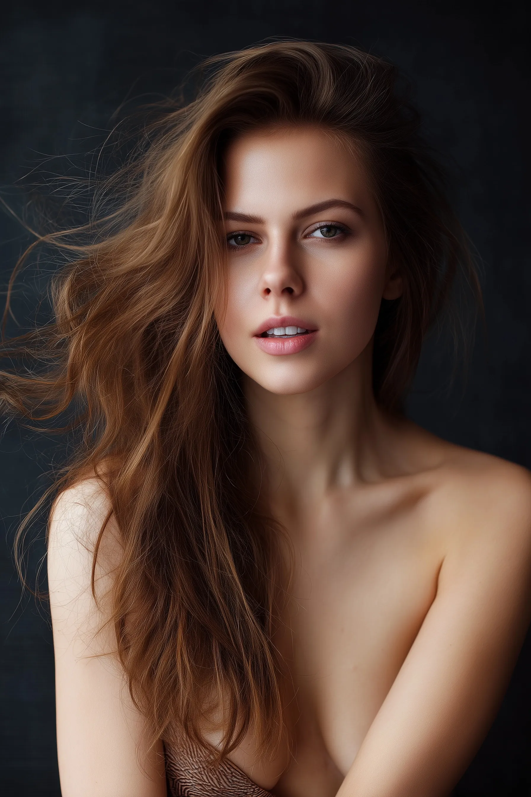 Close-up of a beautiful Russian model with flowing hair and glowing skin against a minimal studio backdrop.