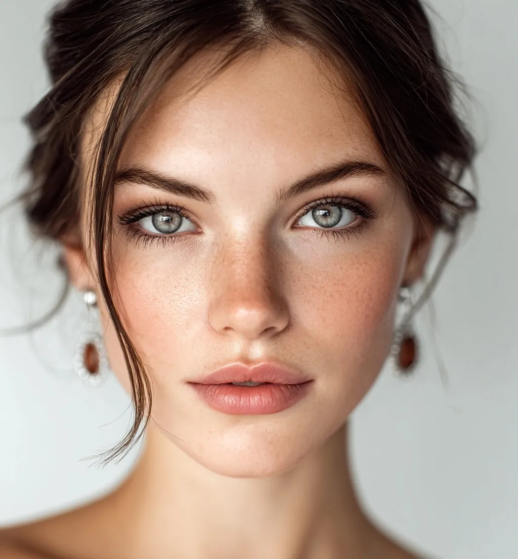 A professional close-up portrait of a beautiful woman with brown hair and jewelry against a clean white background.