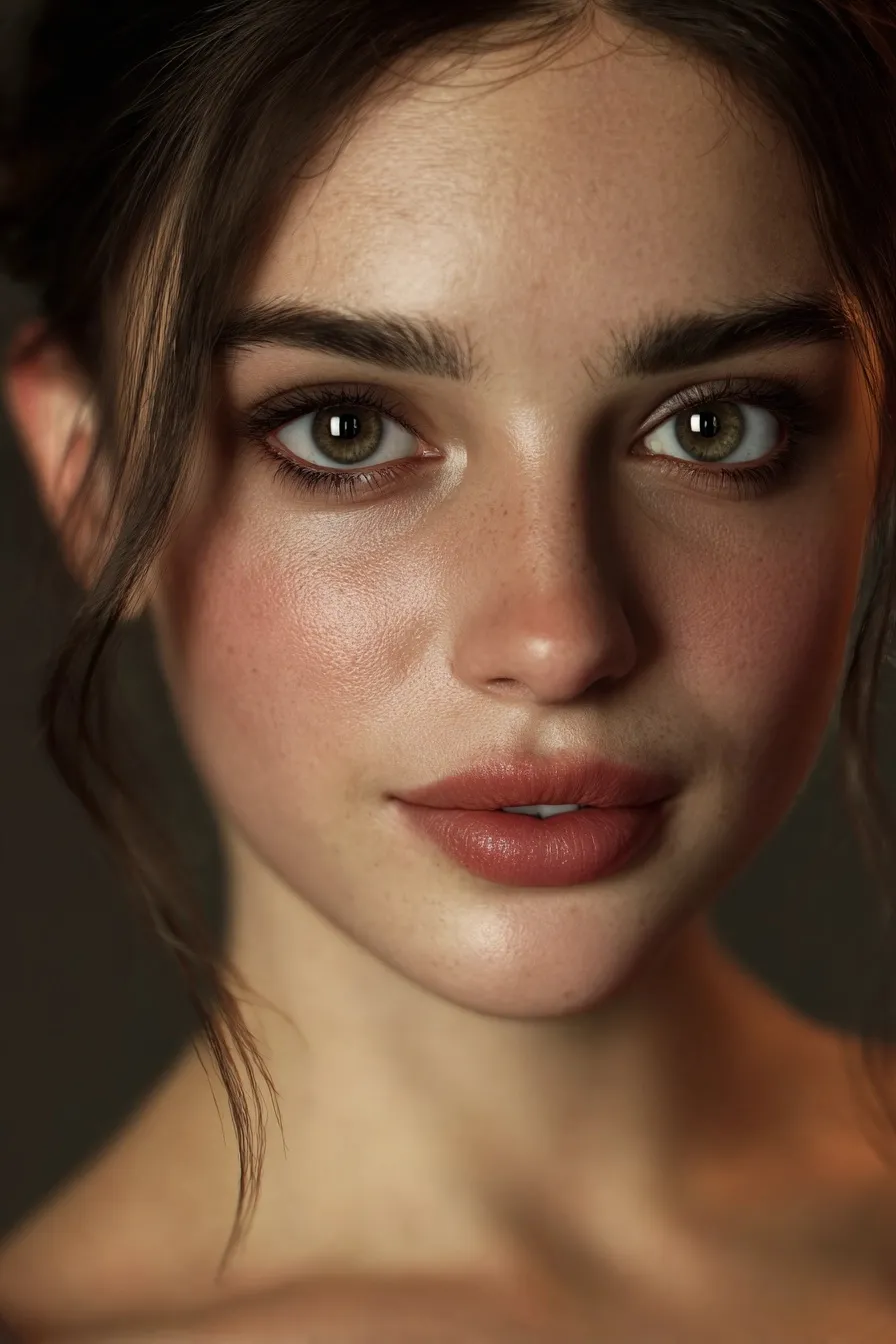 AI-generated portrait of a beautiful young woman with Mediterranean features and green eyes, cinematic lighting.