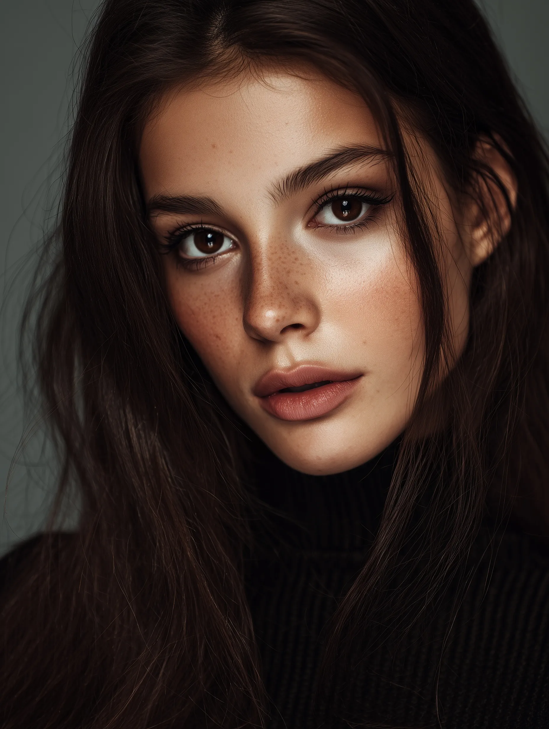 Photorealistic portrait of a beautiful Scandinavian brunette model with dark brown eyes for a fashion photoshoot.
