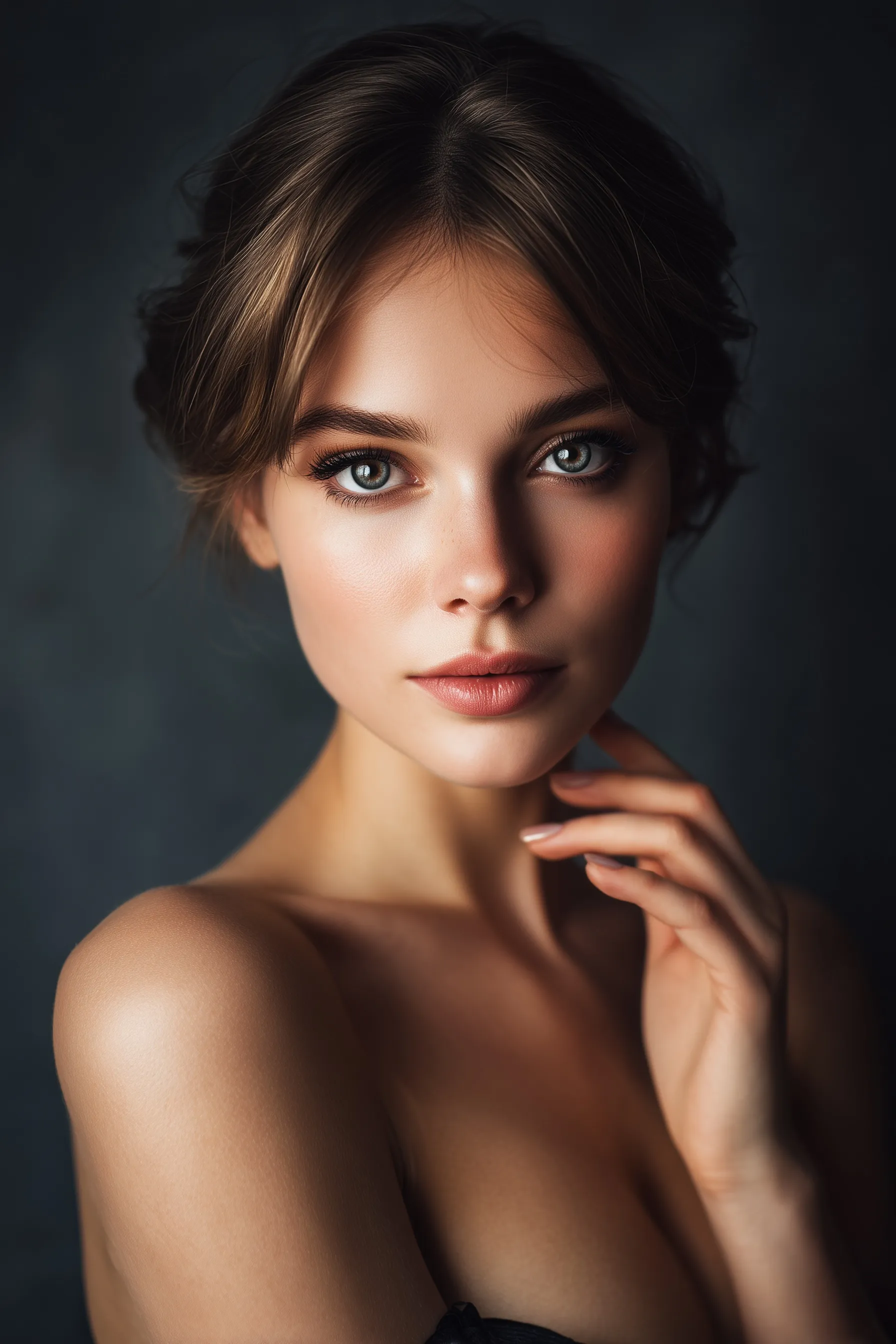 Elegant woman with an intense gaze against a dark gray background, professional beauty and glamour portrait.