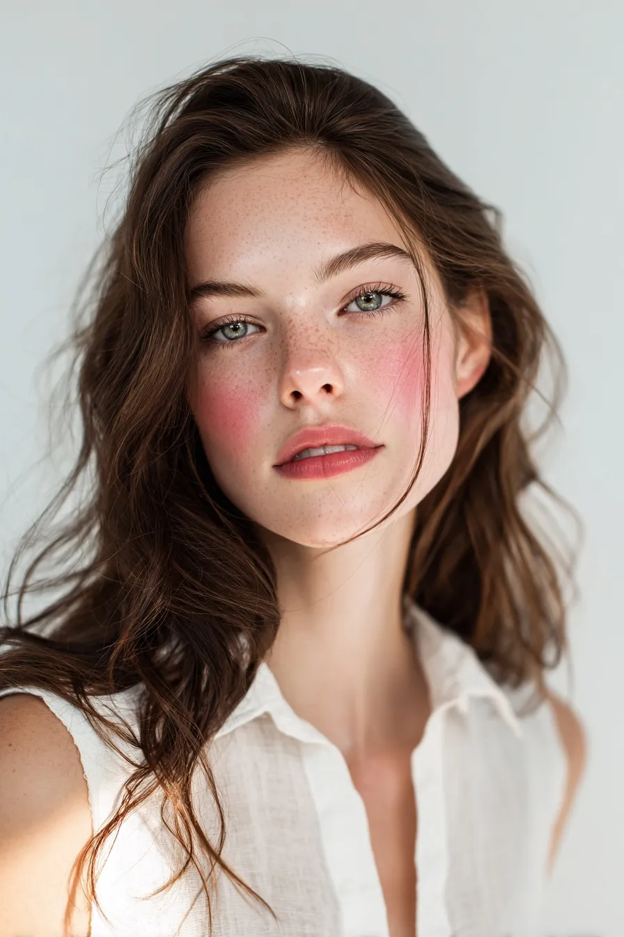 Portrait of a stylish woman with soft wavy brown hair and bold pink makeup in a white linen top, natural lighting.