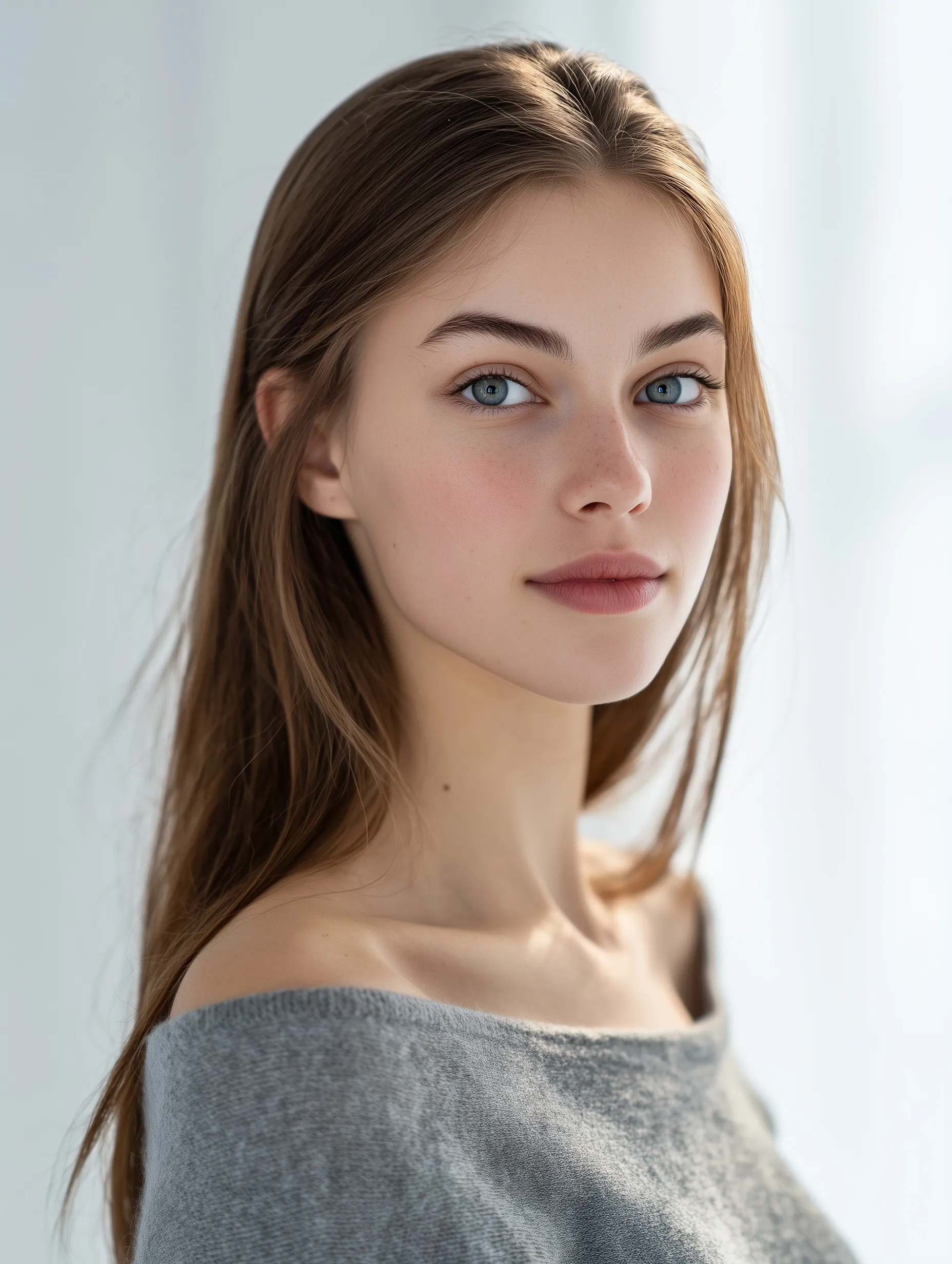 Portrait of a beautiful 20-year-old Caucasian model with chestnut hair in a gray top against a white studio backdrop.