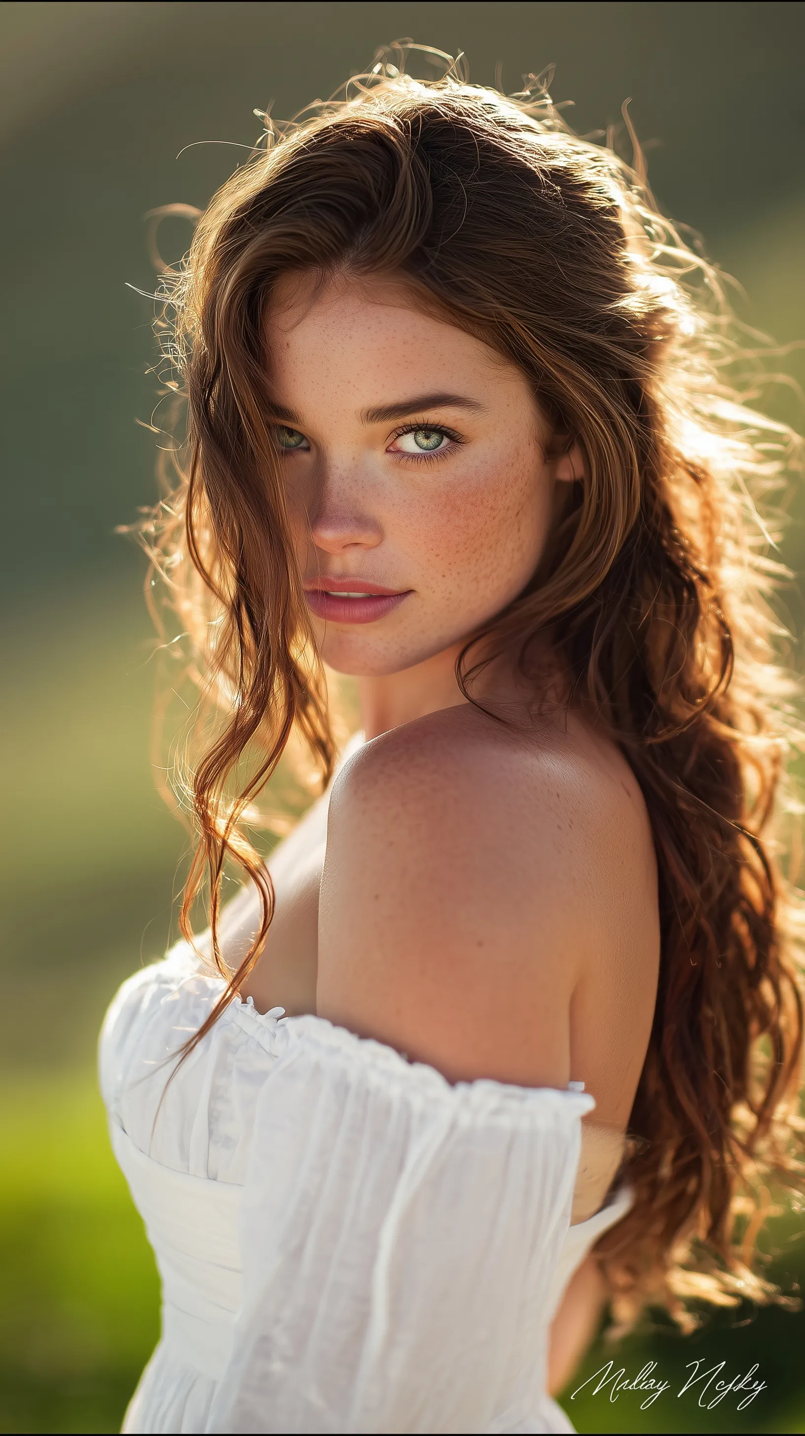 A beautiful AI model with chestnut hair in a flowing white dress standing in golden hour sunlight.