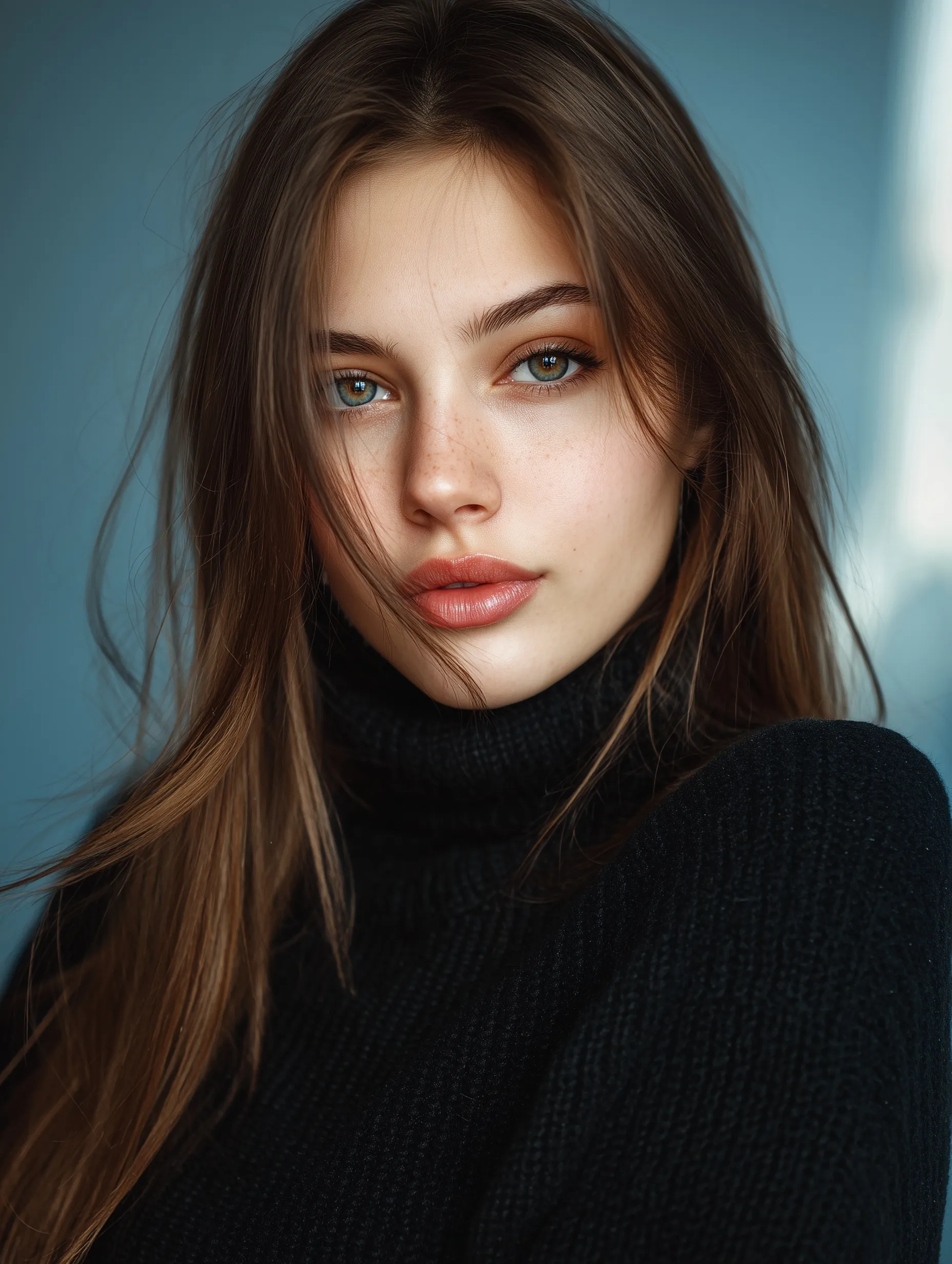 AI-generated portrait of a beautiful 24-year-old woman with light brown hair, honey eyes, and a distinctive mole.