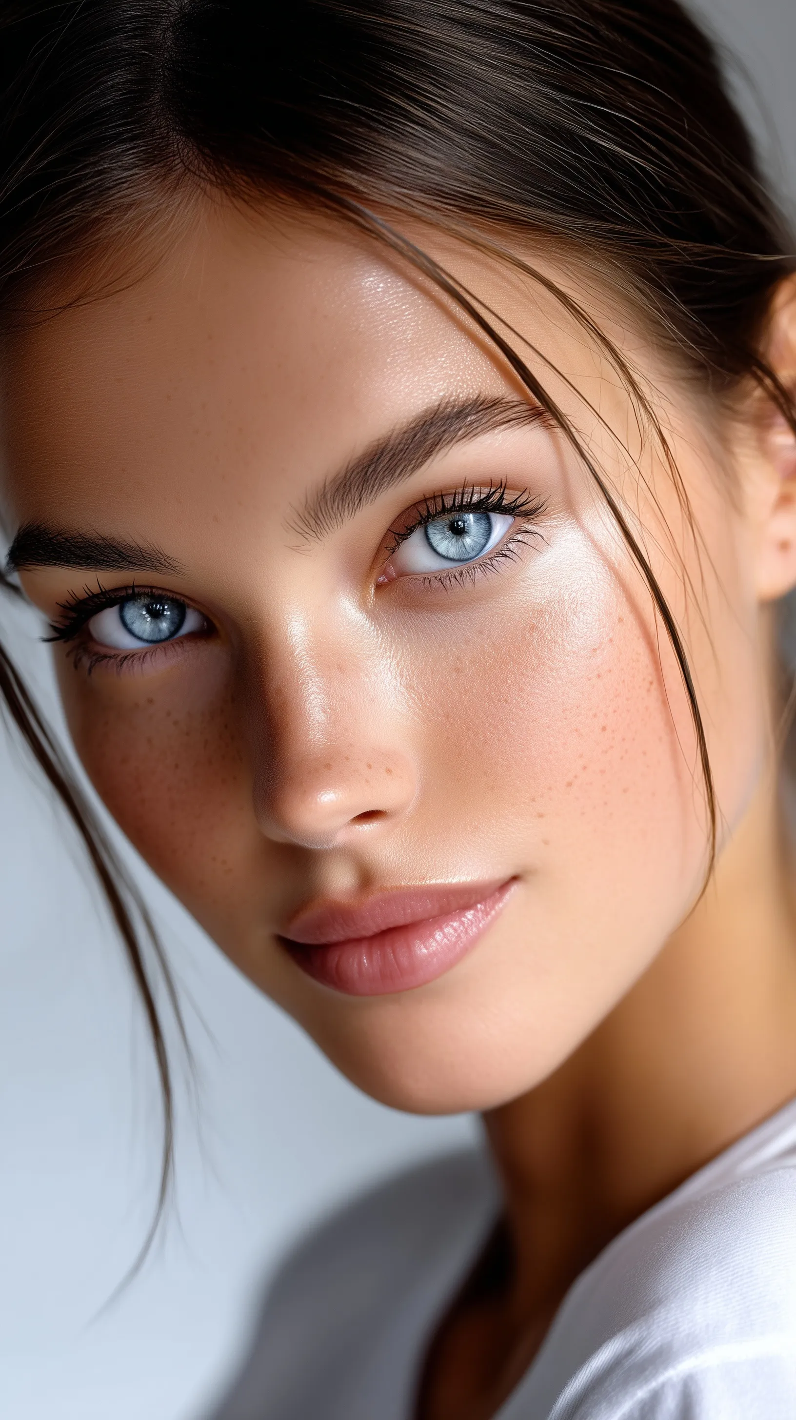 Ultra-detailed close-up portrait of a young Slavic woman with natural freckles and blue-grey eyes, cinematic lighting.