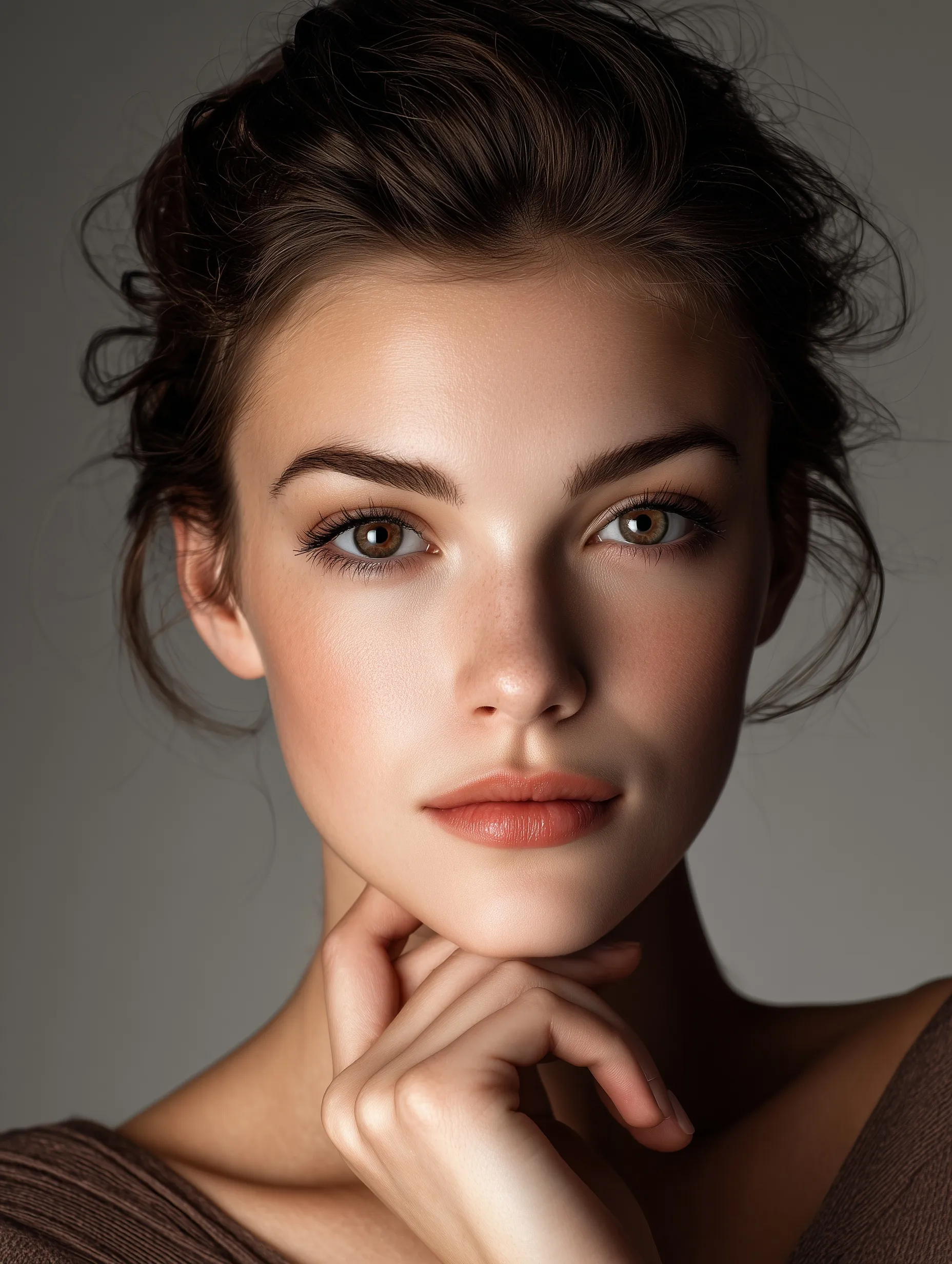 Close-up portrait of a beautiful woman with radiant skin and natural makeup, AI-generated professional model.