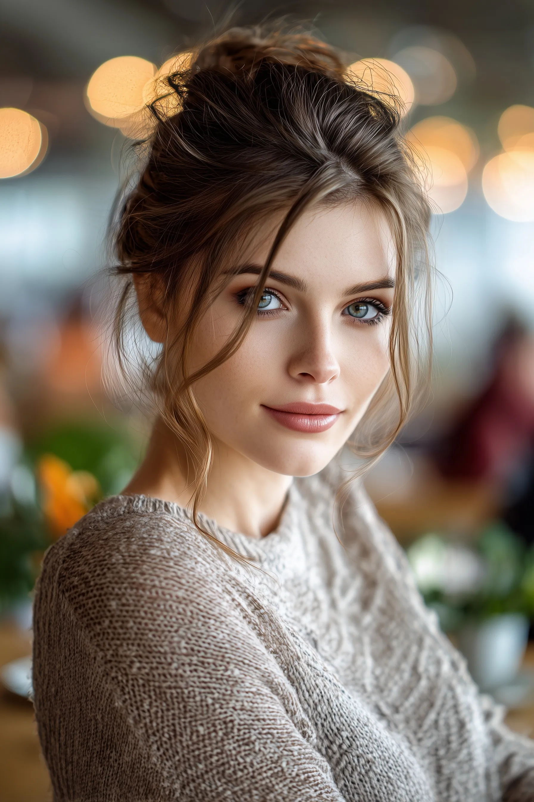 Photorealistic portrait of a beautiful young woman in a cozy coffee shop with soft natural lighting and bokeh.