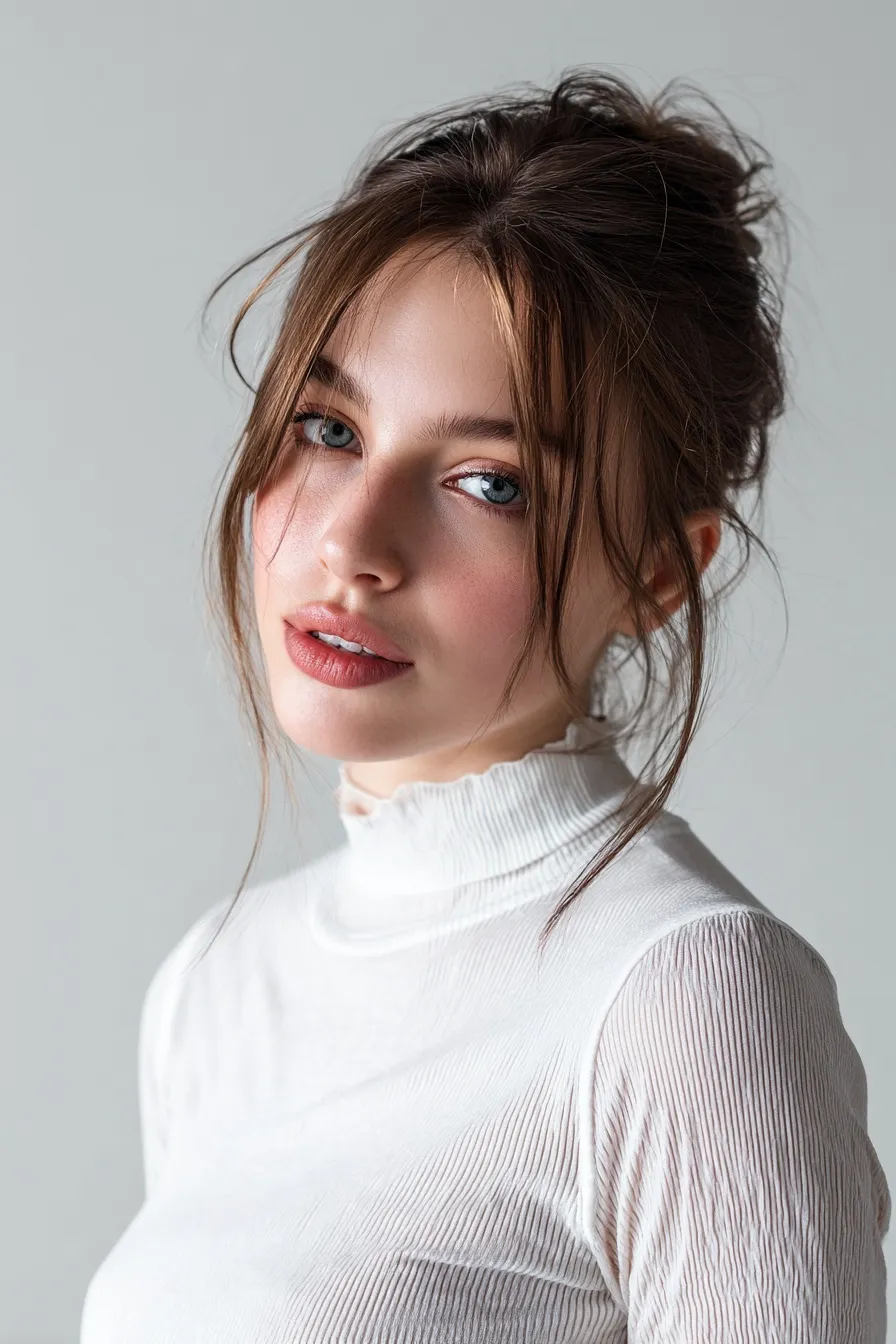 A photorealistic portrait of a beautiful young model with a slim figure wearing a white top against a teal background.
