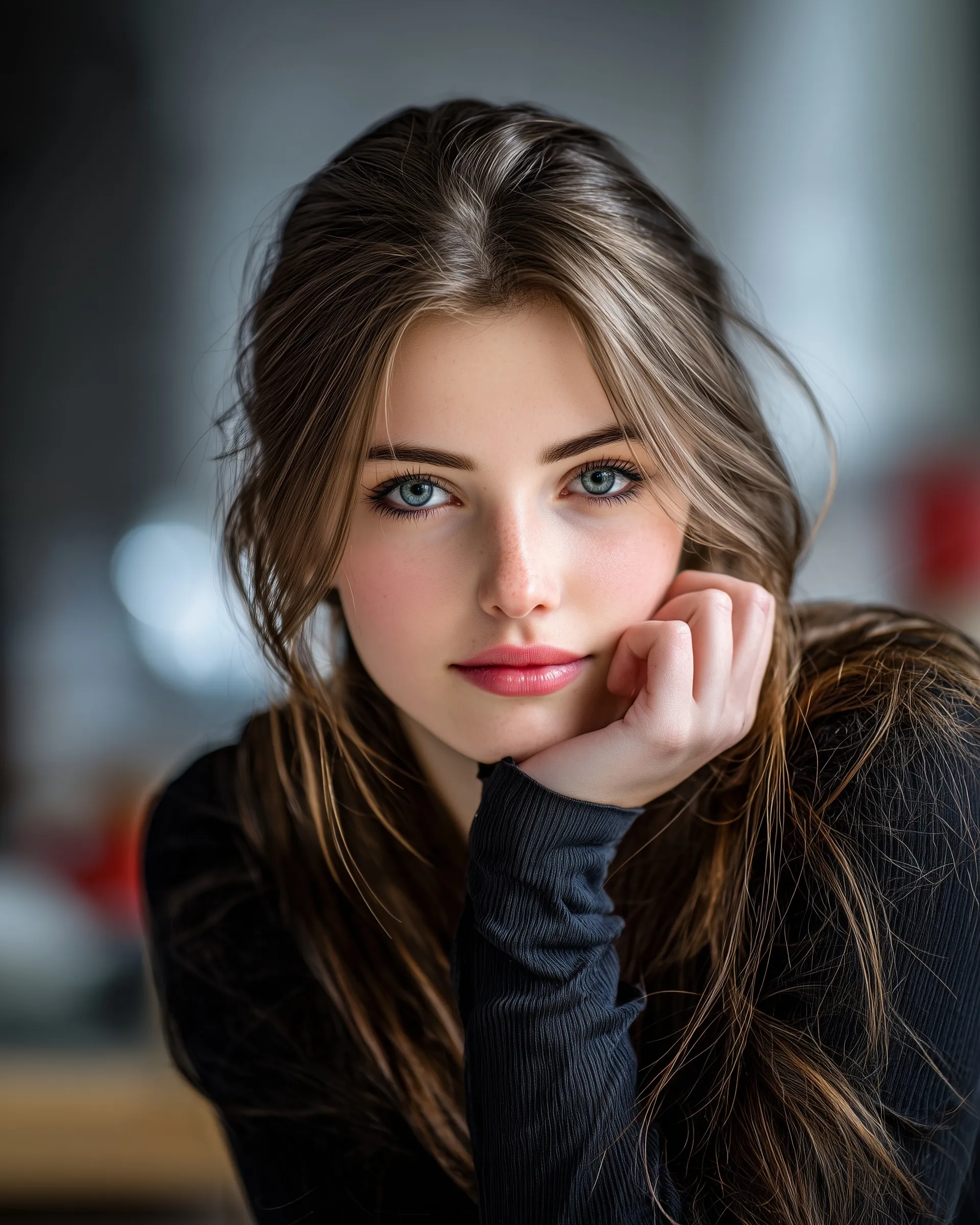 Photorealistic portrait of a beautiful young woman with porcelain skin in natural light with a soft blurred bokeh.