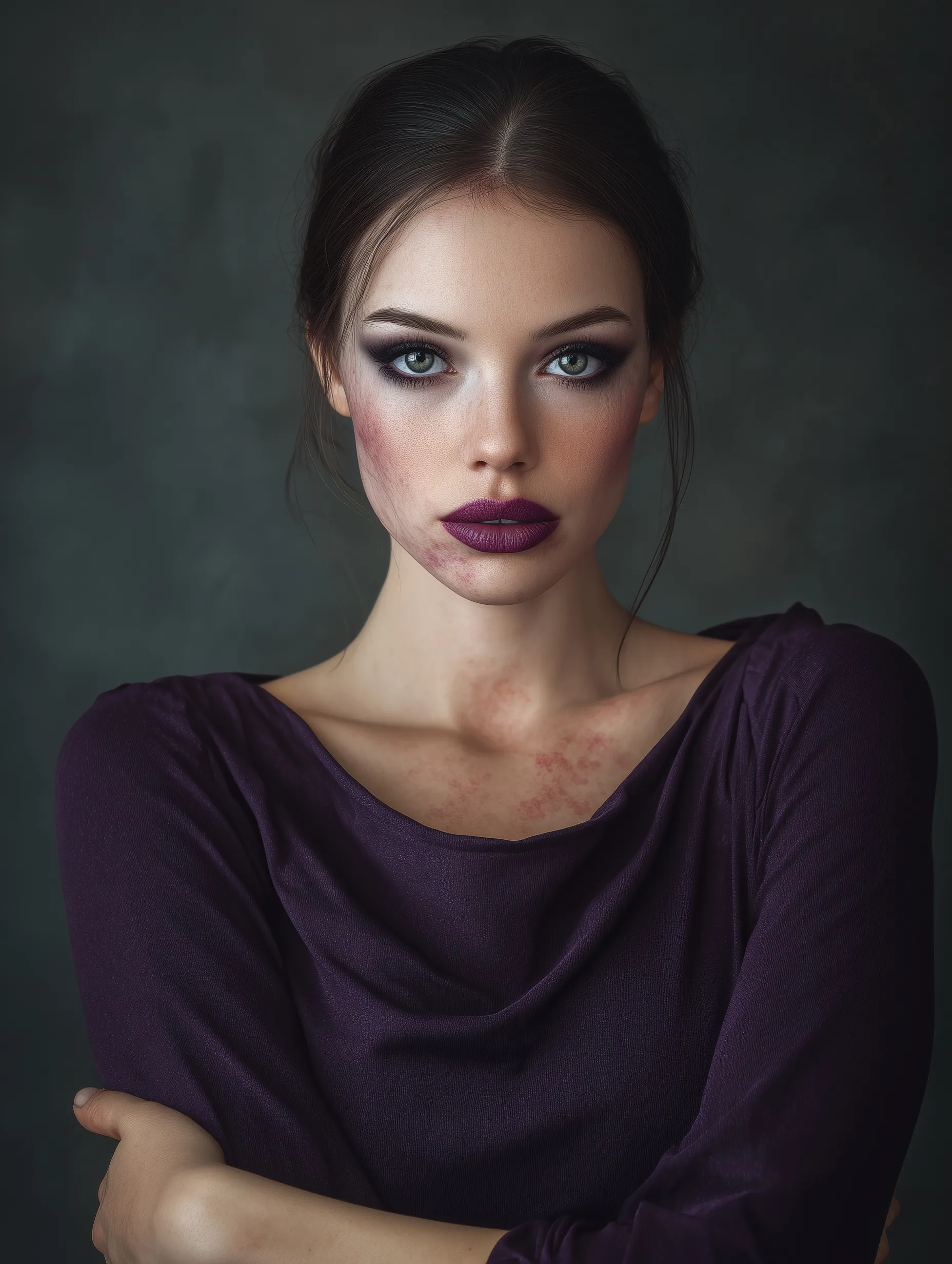 Hyper-realistic AI portrait of a beautiful woman in a purple shirt with visible tinea corporis skin manifestations.