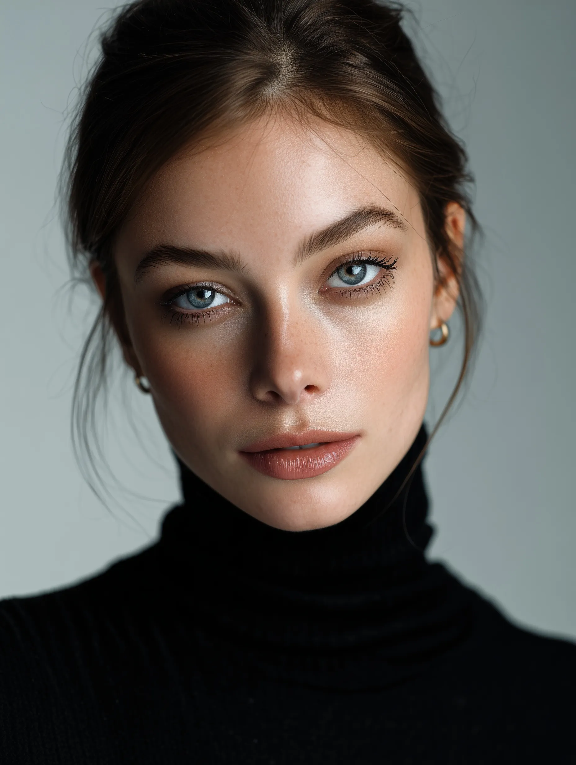 Editorial portrait of a beautiful woman with blue eyes, brown hair, and natural makeup in a professional studio.