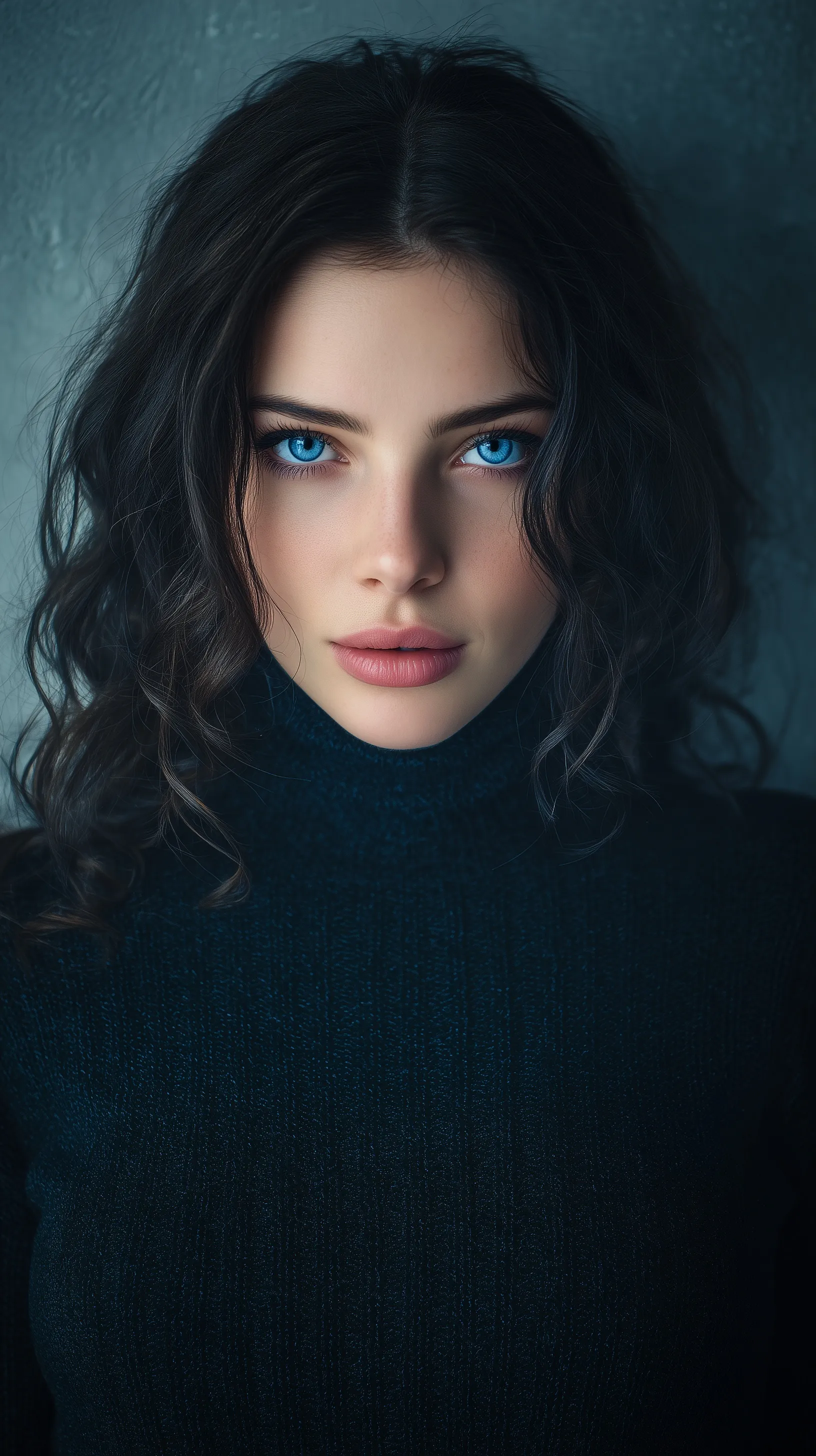 Portrait of a beautiful young fashion model with blue eyes and wavy dark hair against a cozy gray textured background.