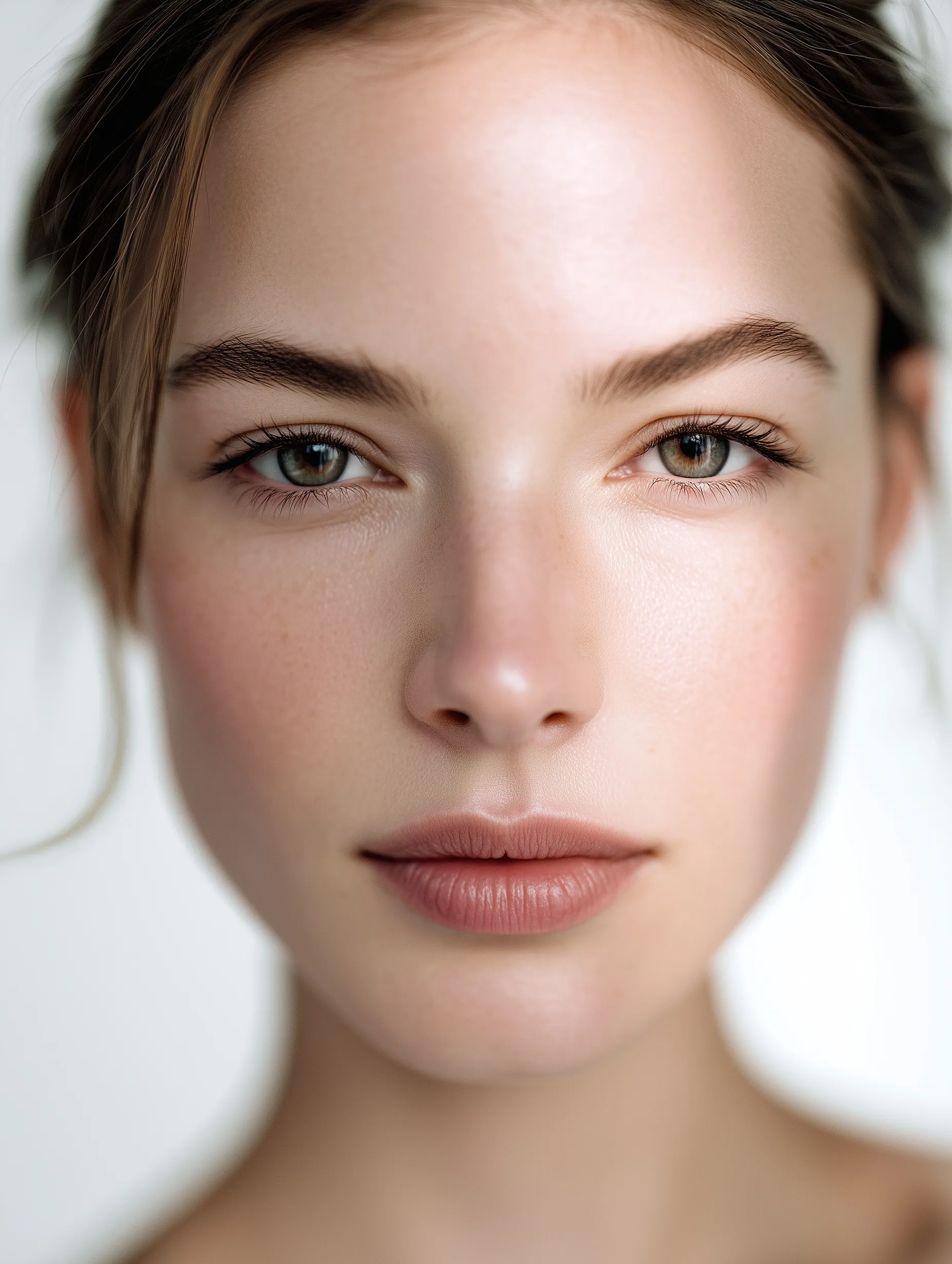 A professional studio portrait of a beautiful 23-year-old European fashion model with realistic skin texture.