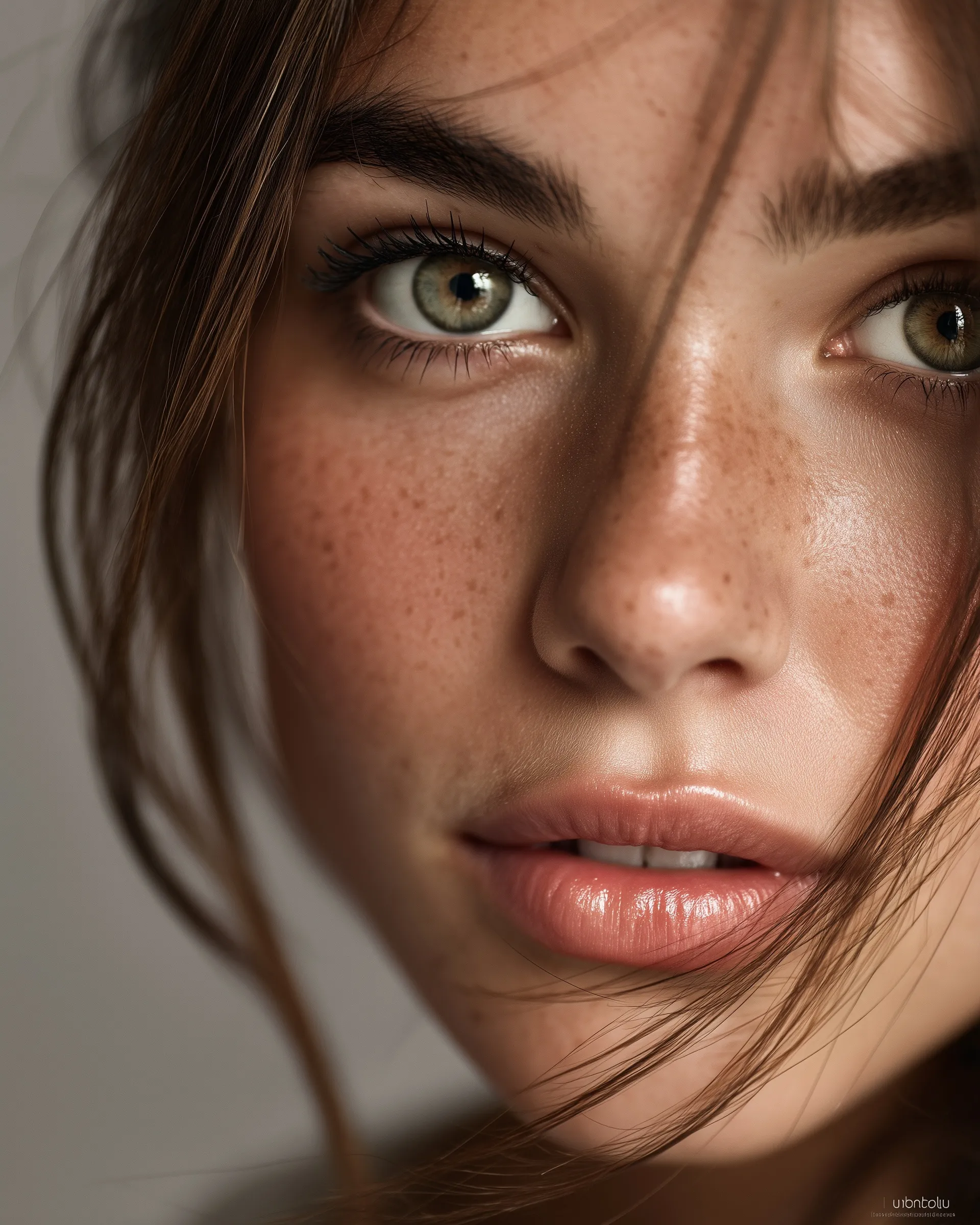 AI-generated beauty editorial portrait of a 24-year-old woman with green eyes, glowing skin, and neutral studio background.