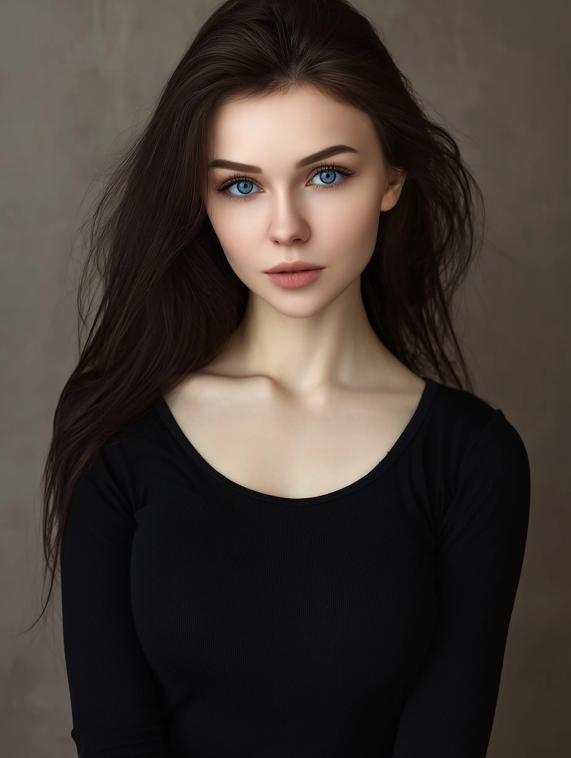 A beautiful Russian woman with dark brown hair and blue eyes wearing a black long-sleeve top in a professional photo.