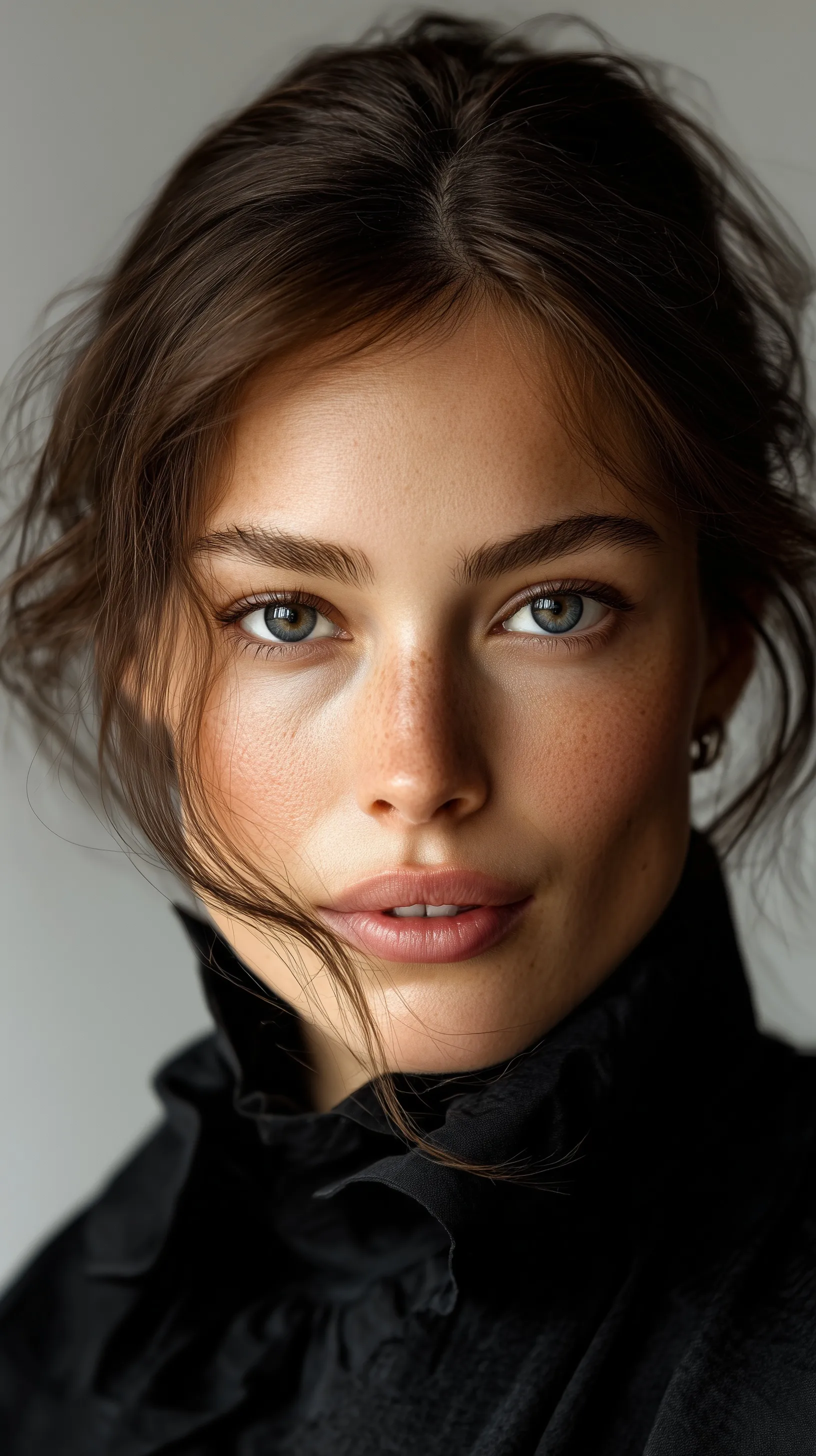 Close-up portrait of a high-fashion AI model with symmetrical features and clean skin in soft studio lighting.