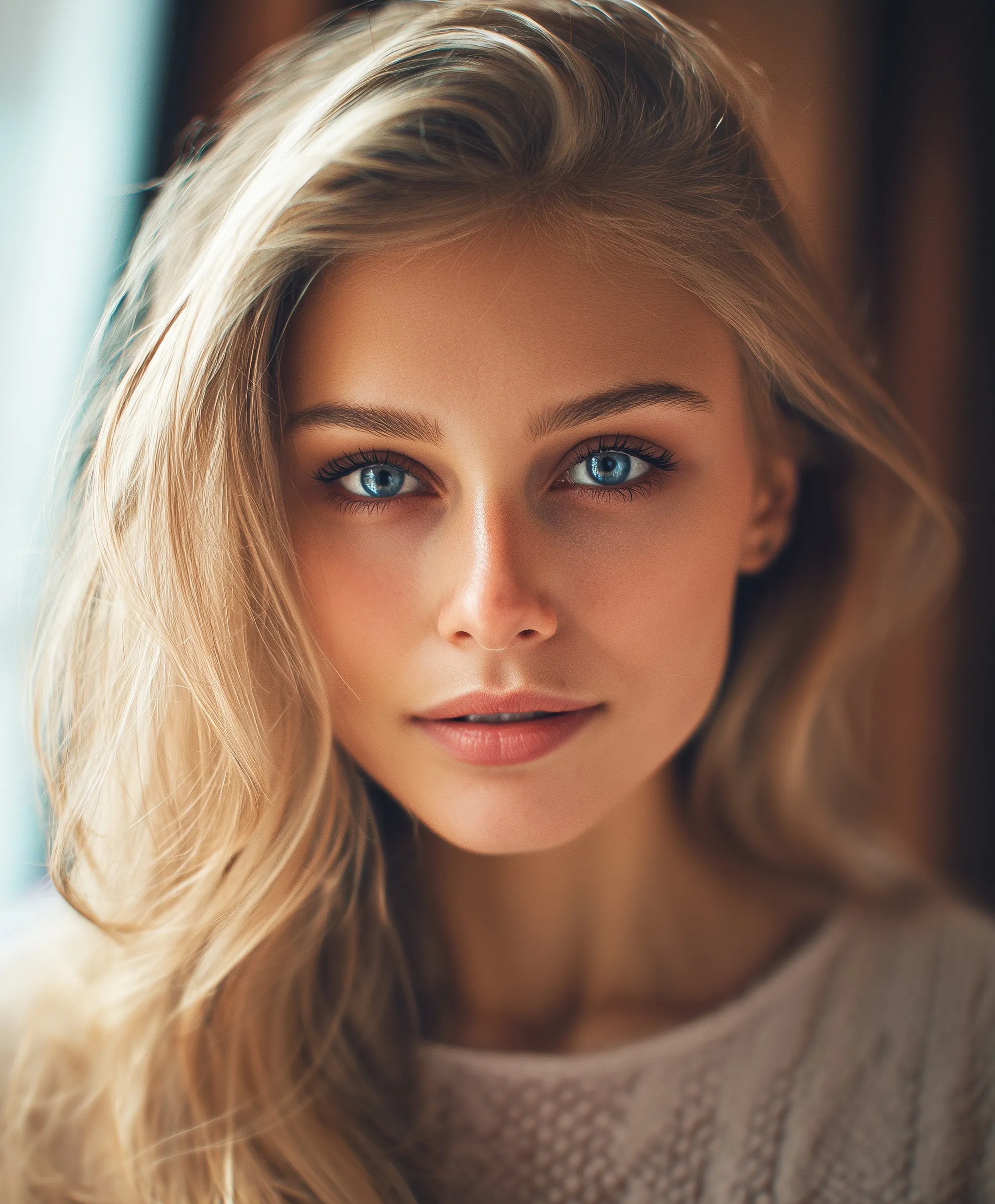 Ultra-realistic close-up portrait of a confident blonde woman with blue eyes and natural makeup.
