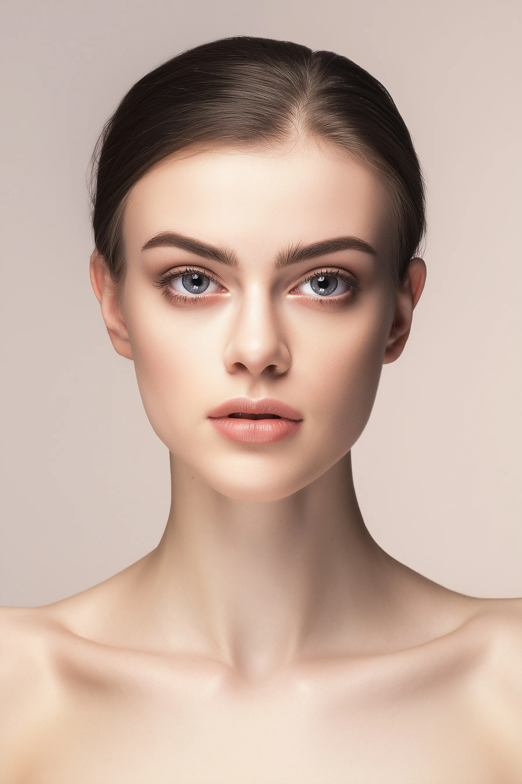 Hyper-realistic portrait of a beautiful woman with natural skin texture and elegant, symmetrical facial features.