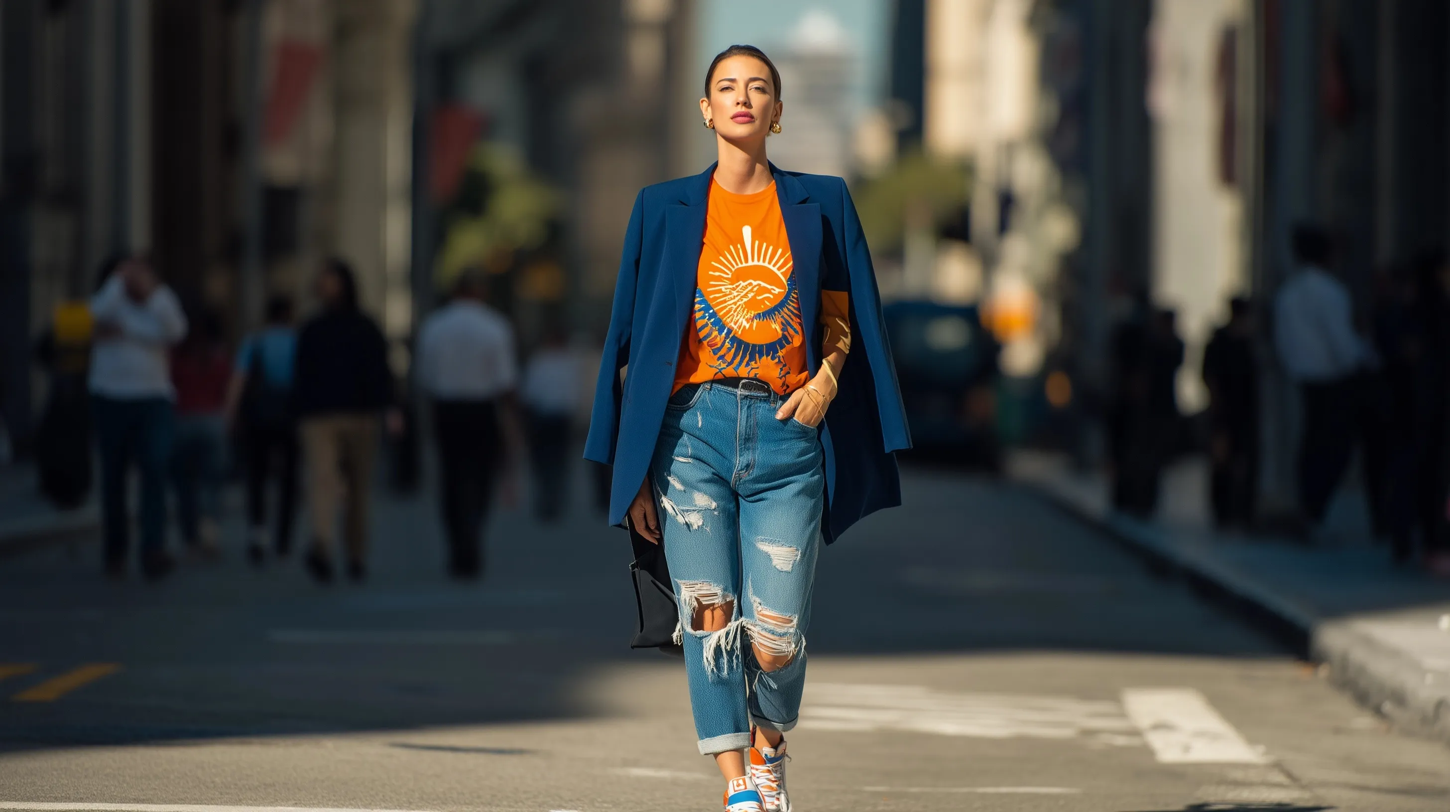 A stylish Latin woman in an oversized blue blazer and orange graphic tee walking confidently down a sunny city street.