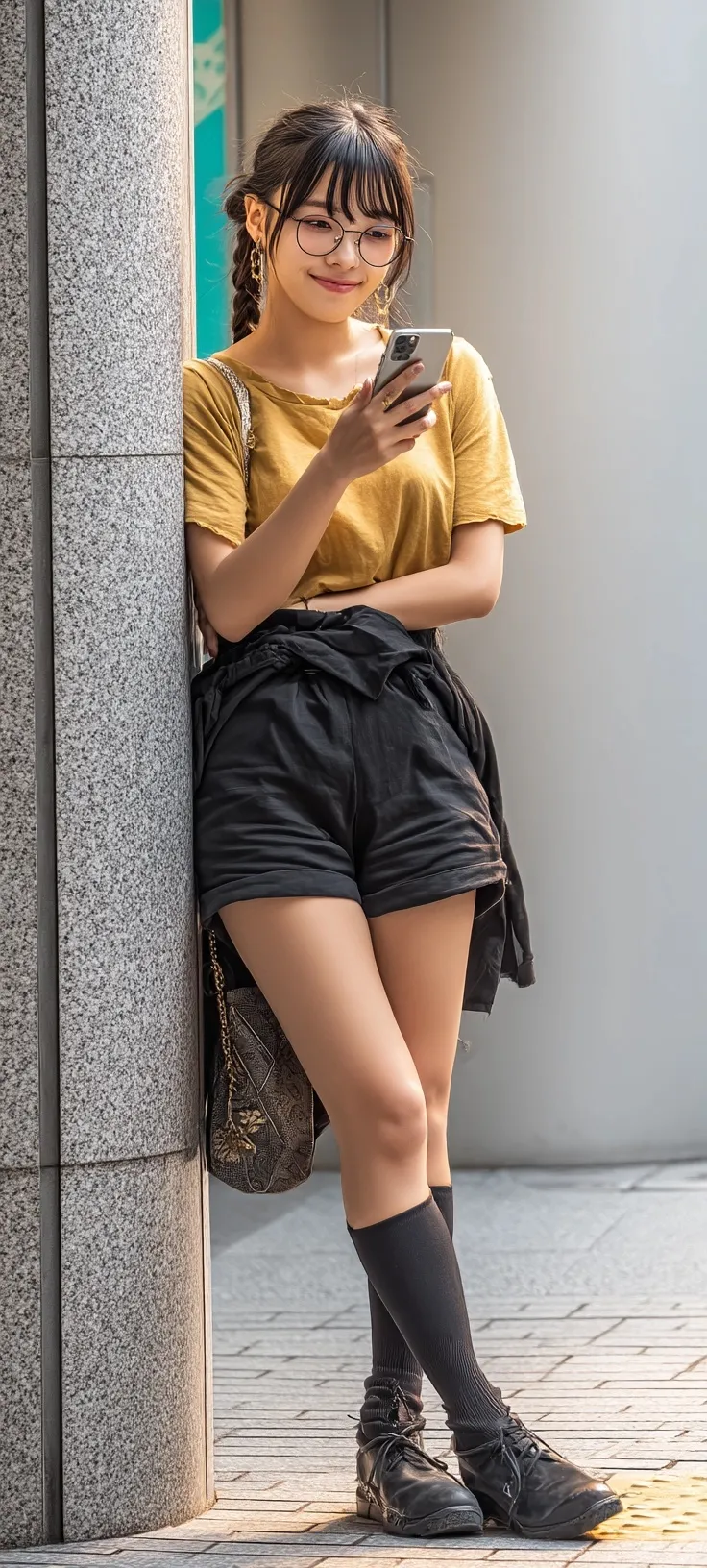 Stylish Japanese woman using iPhone 16 Pro, leaning on a pillar in a modern Tokyo business district.