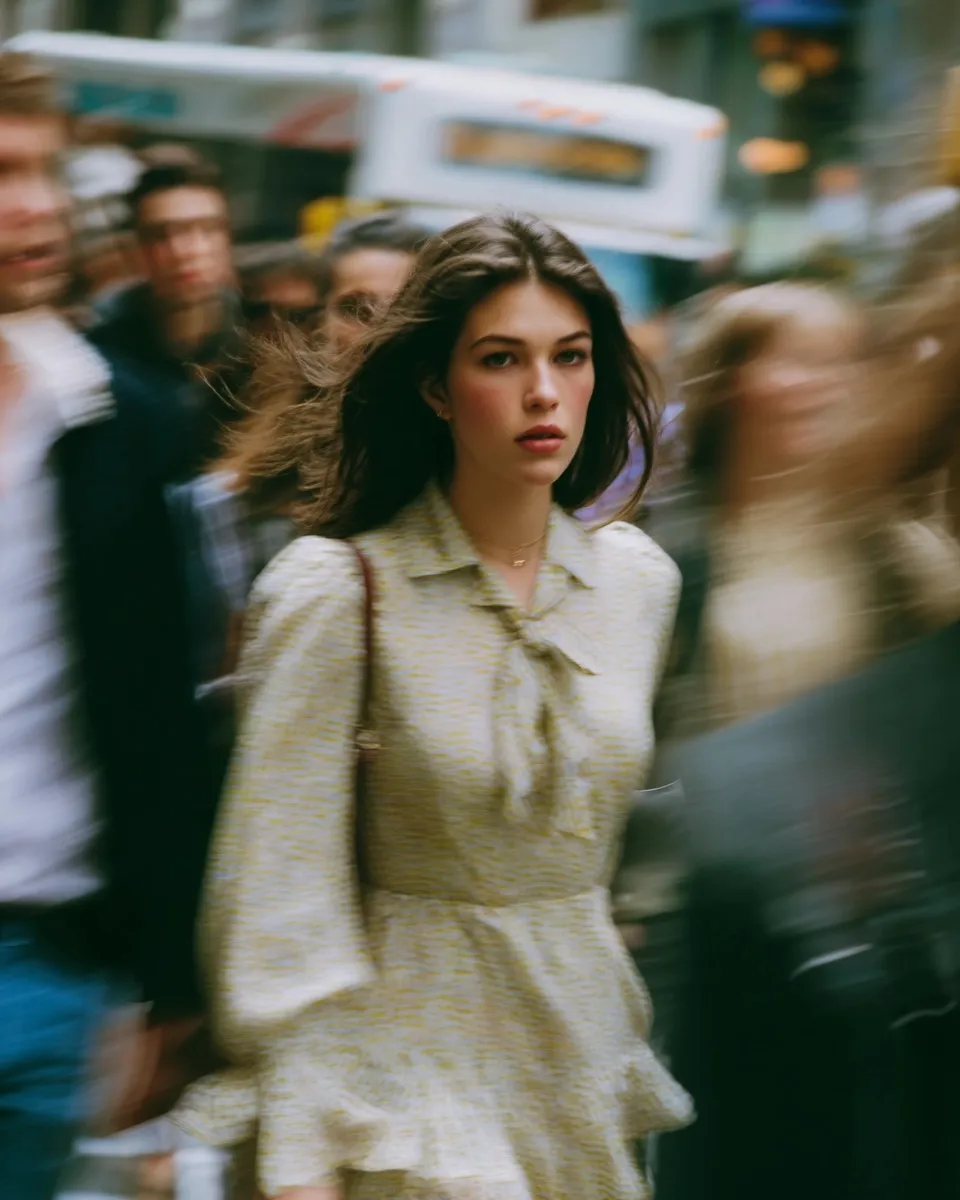 A beautiful young woman walking through a blurred, crowded NYC street wearing a stylish tie-neck shirt dress.