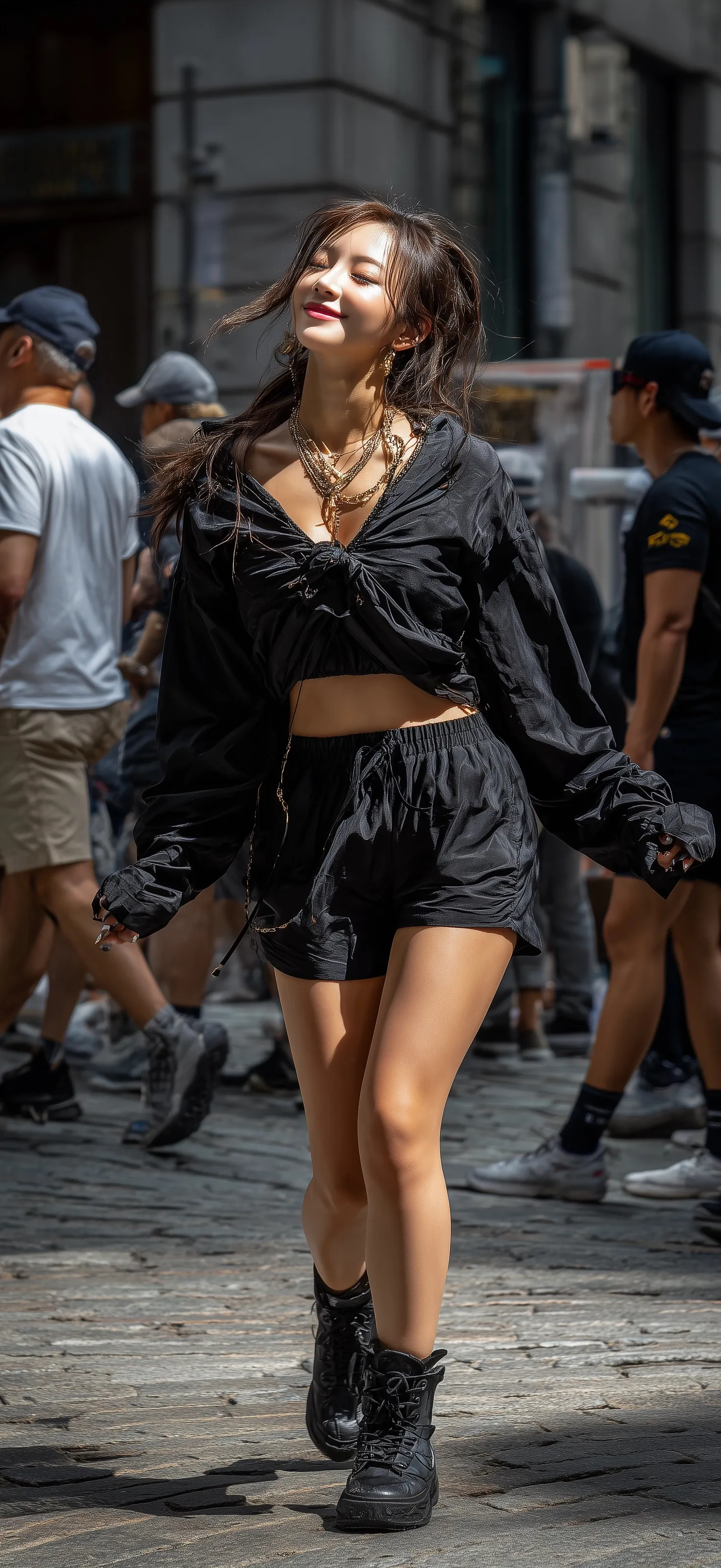A modern Korean girl dancing on a vibrant New York City street, candid urban lifestyle photography.