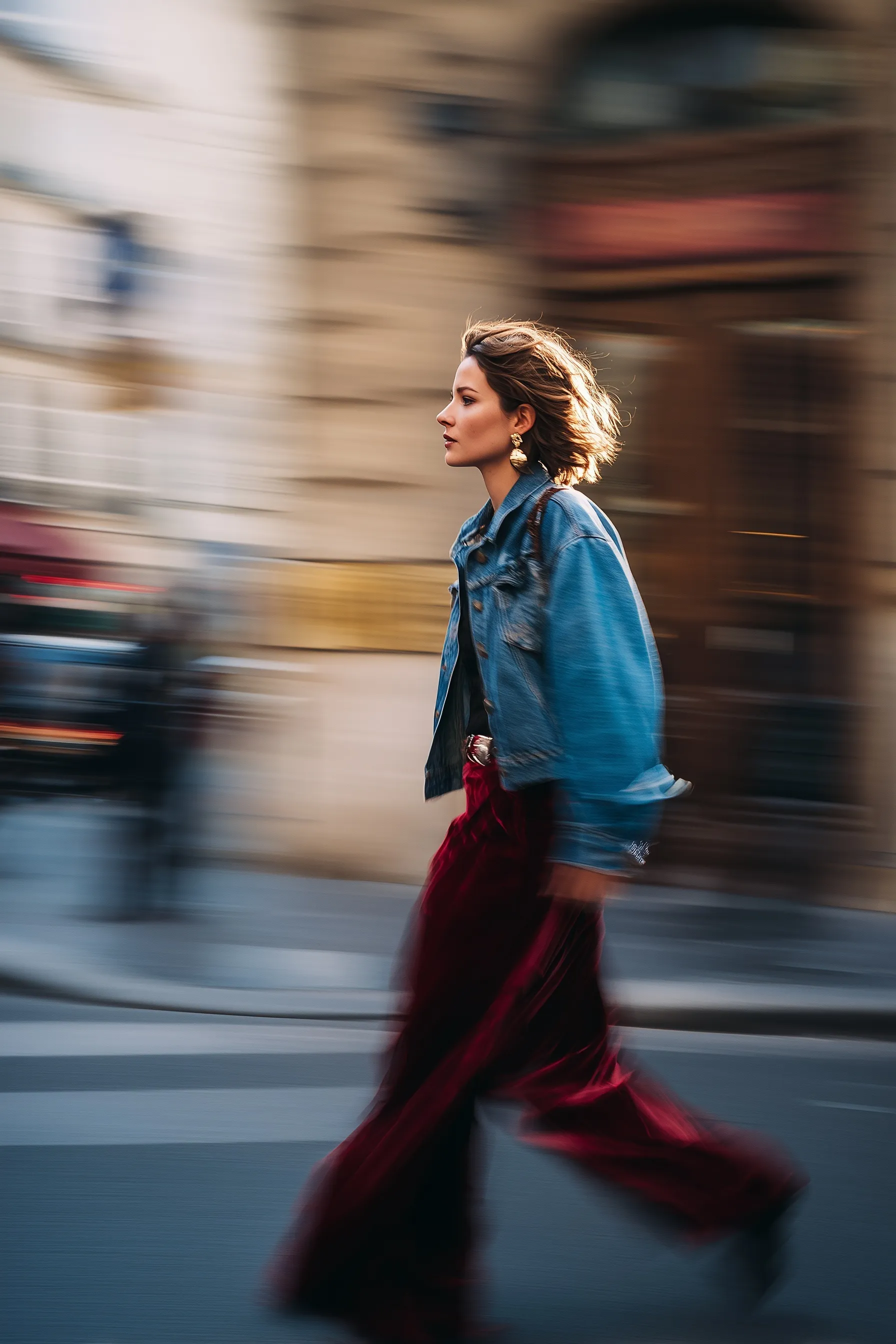 A beautiful woman in a blue denim jacket and burgundy velvet pants walking down a Paris street with motion blur.