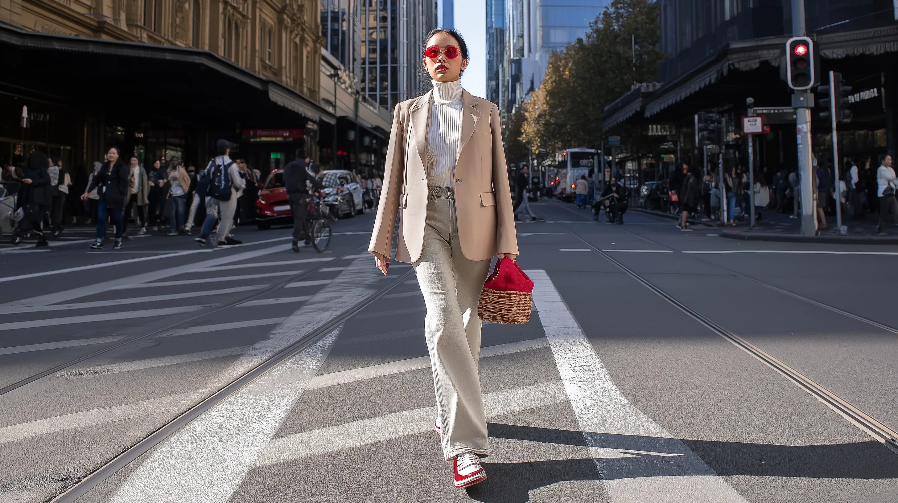 A stylish Pan-Asian woman in an oversized blazer and wide-leg jeans walking across a city zebra crossing.