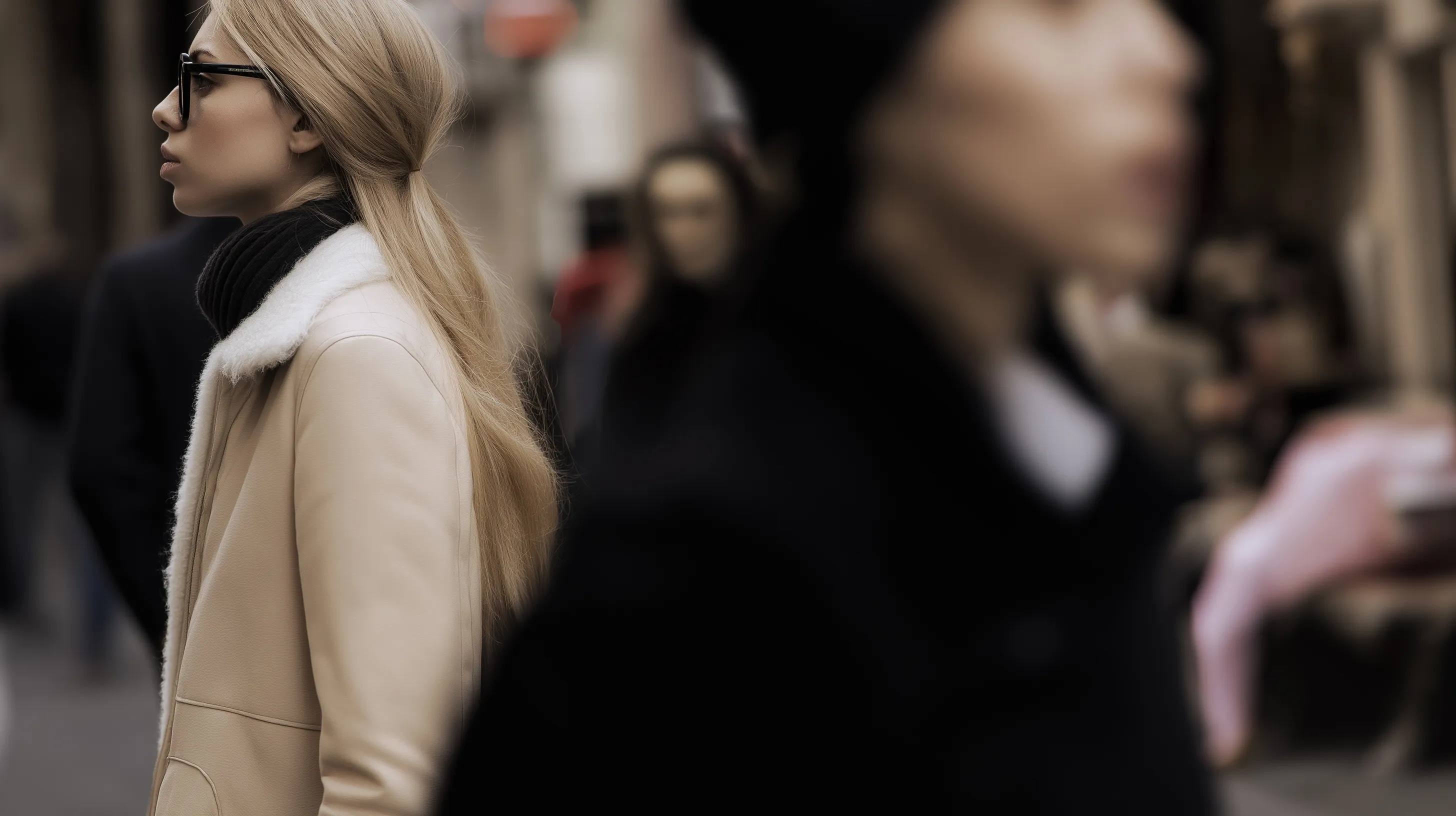 AI-generated candid street fashion portrait featuring a depth-of-field gradient and soft, cinematic color palette.