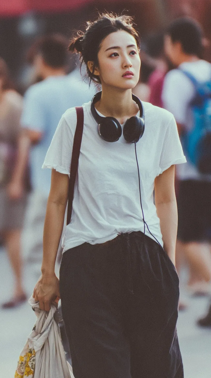 Tired young Asian woman in a white T-shirt and canvas bag with headphones, cinematic urban candid portrait.