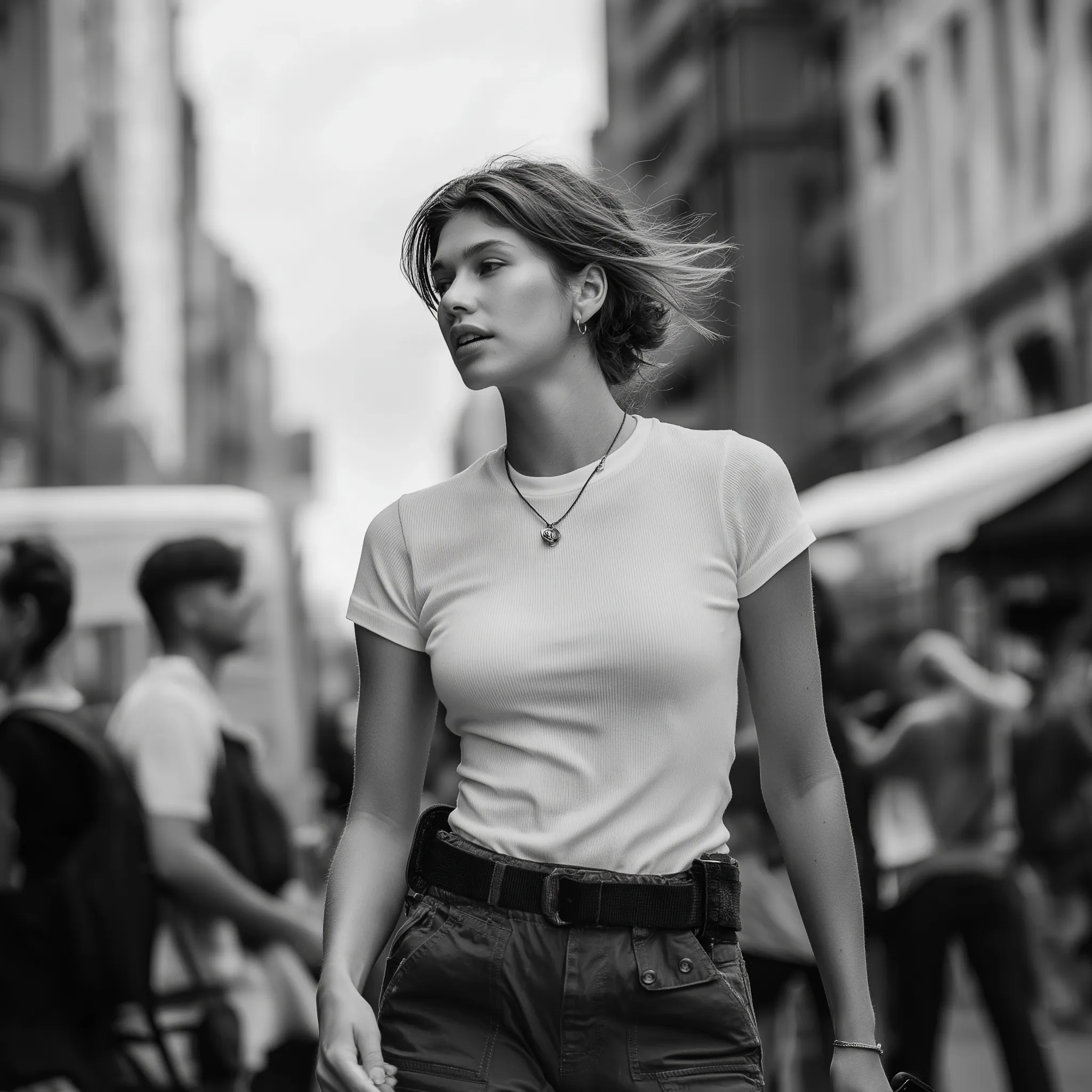 A realistic fashion model in a white t-shirt and cargo pants walking candidly on a crowded Manhattan street.