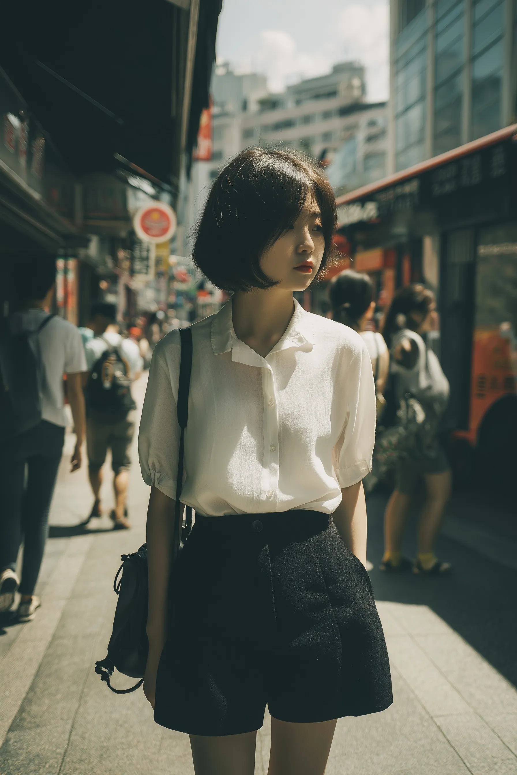 A candid portrait of a young Korean woman with short hair wearing a stylish fitted white shirt and black mini skirt.