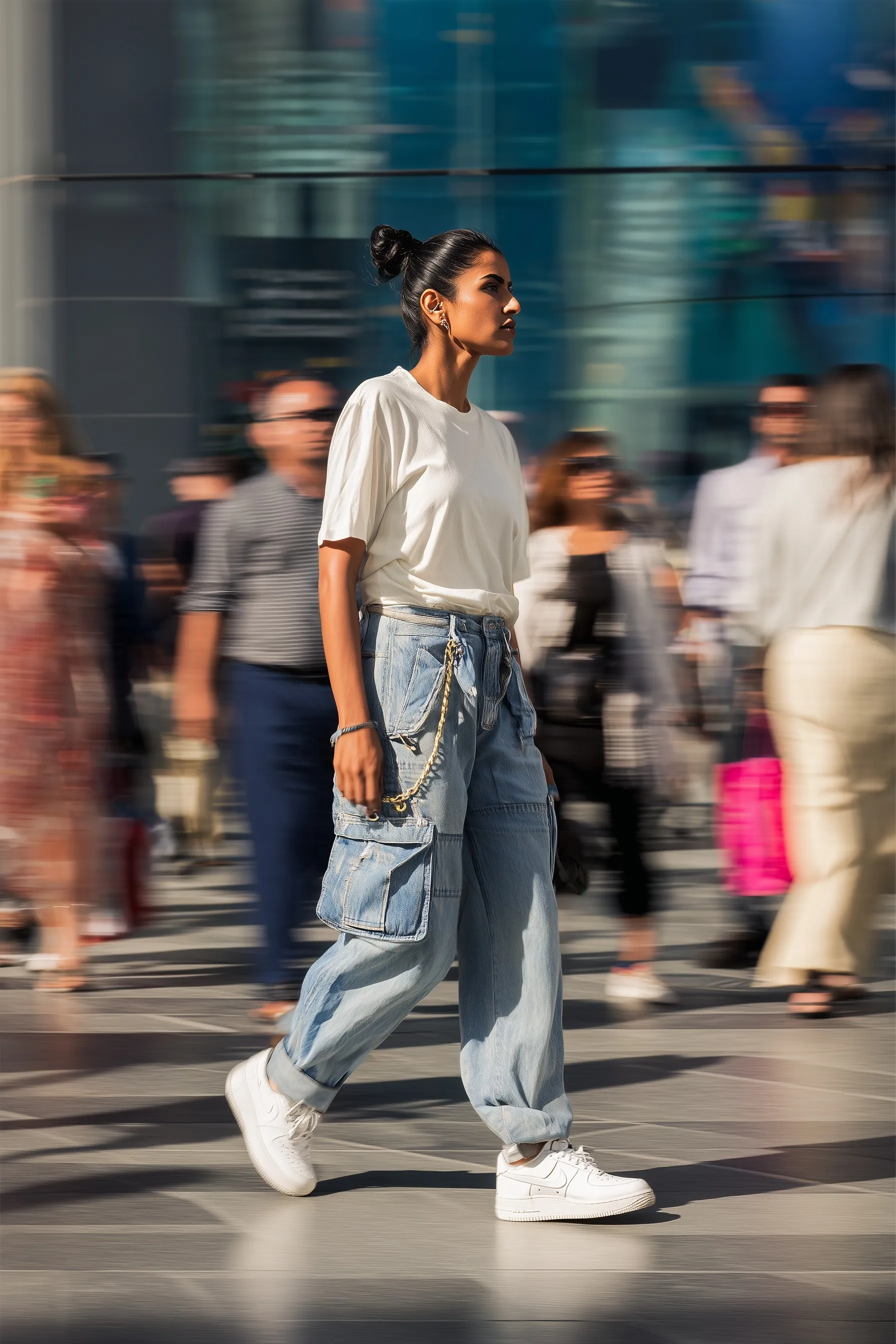 South Asian woman in casual streetwear standing in a busy Dubai Mall crosswalk with motion blur.