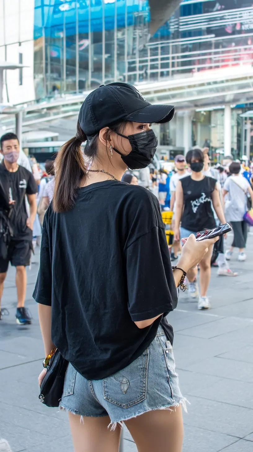 A young Asian woman wearing a mask, baseball cap, and oversized t-shirt walks outdoors with a mobile phone.